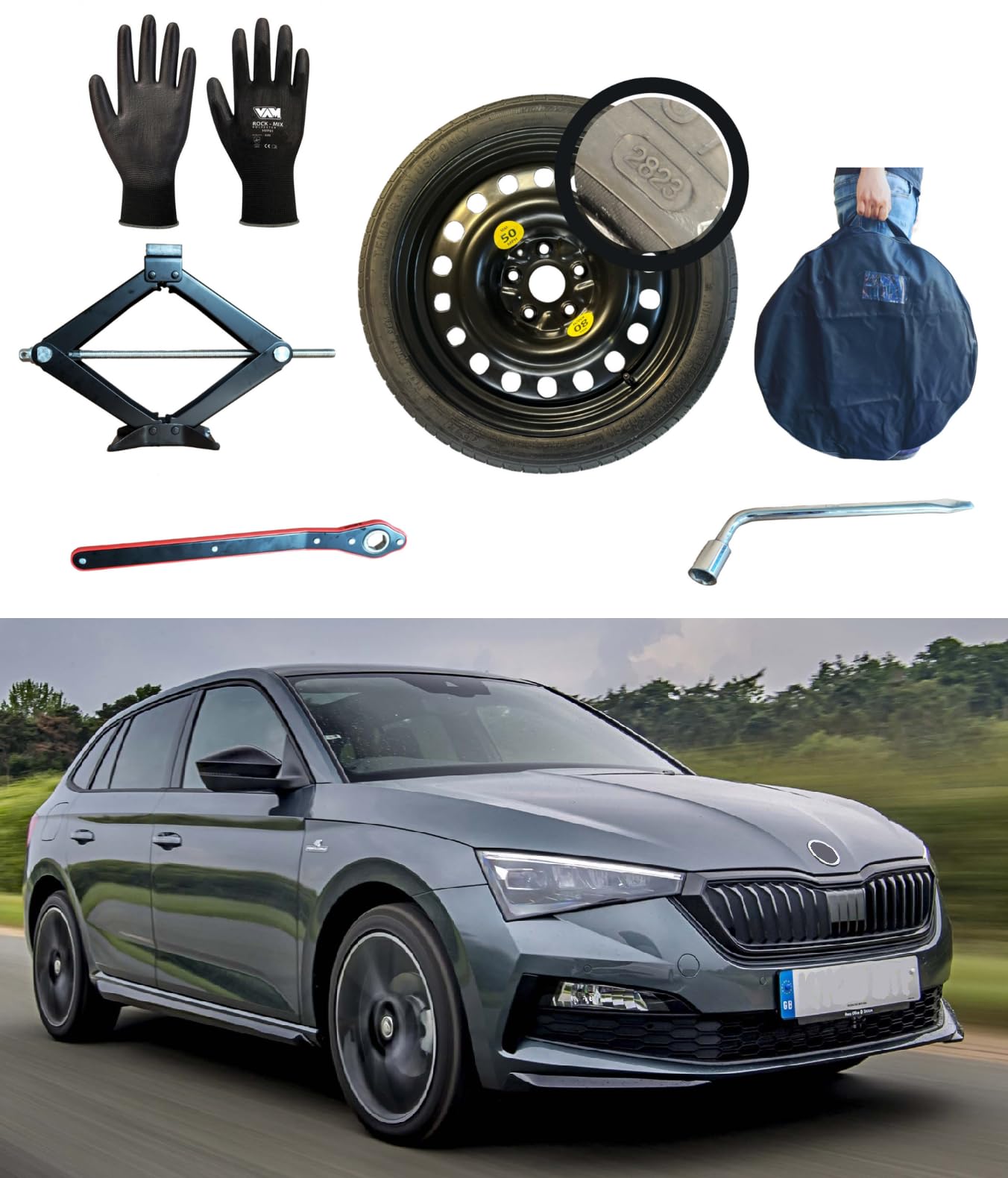 D'ANGELO 1988 Kit de Rueda de Repuesto de 17 Pulgadas, Compatible con Skoda Scala con Gata, Llave, Guantes y Funda, R747F