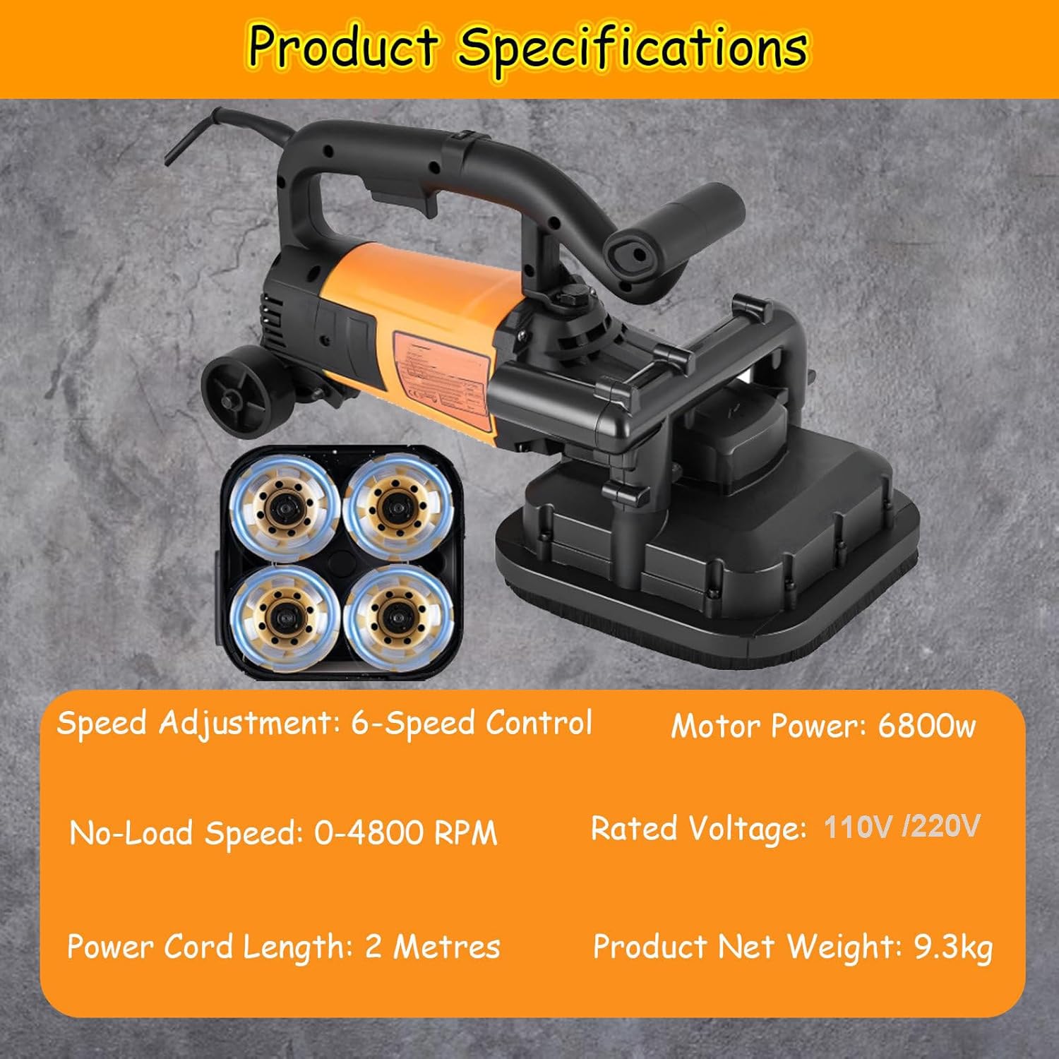 Multi-Purpose Concrete Polisher 3800W | 6-Speed Diamond Grinding Machine | for Polishing & Grinding | 4-Head Design Reaches Corners at 90° withPole