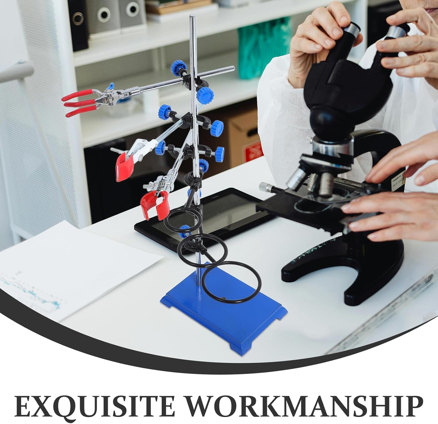 VALICLUD Laboratory Iron Stand Set with Square Base, Three-prong Clamp, Flask Holder, and Cross Clamp – Metal Rack Holder Kit for Chemical and Industrial Laboratory Equipment