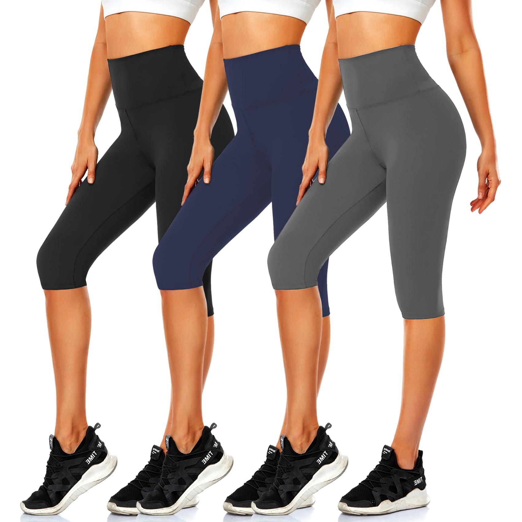 CTHH Women's Knee Length Leggings-High Waisted Capri Pants Biker Shorts for Women Yoga Workout Exercise Short Casual Summer, 02-black,gray,navy, Small-Medium