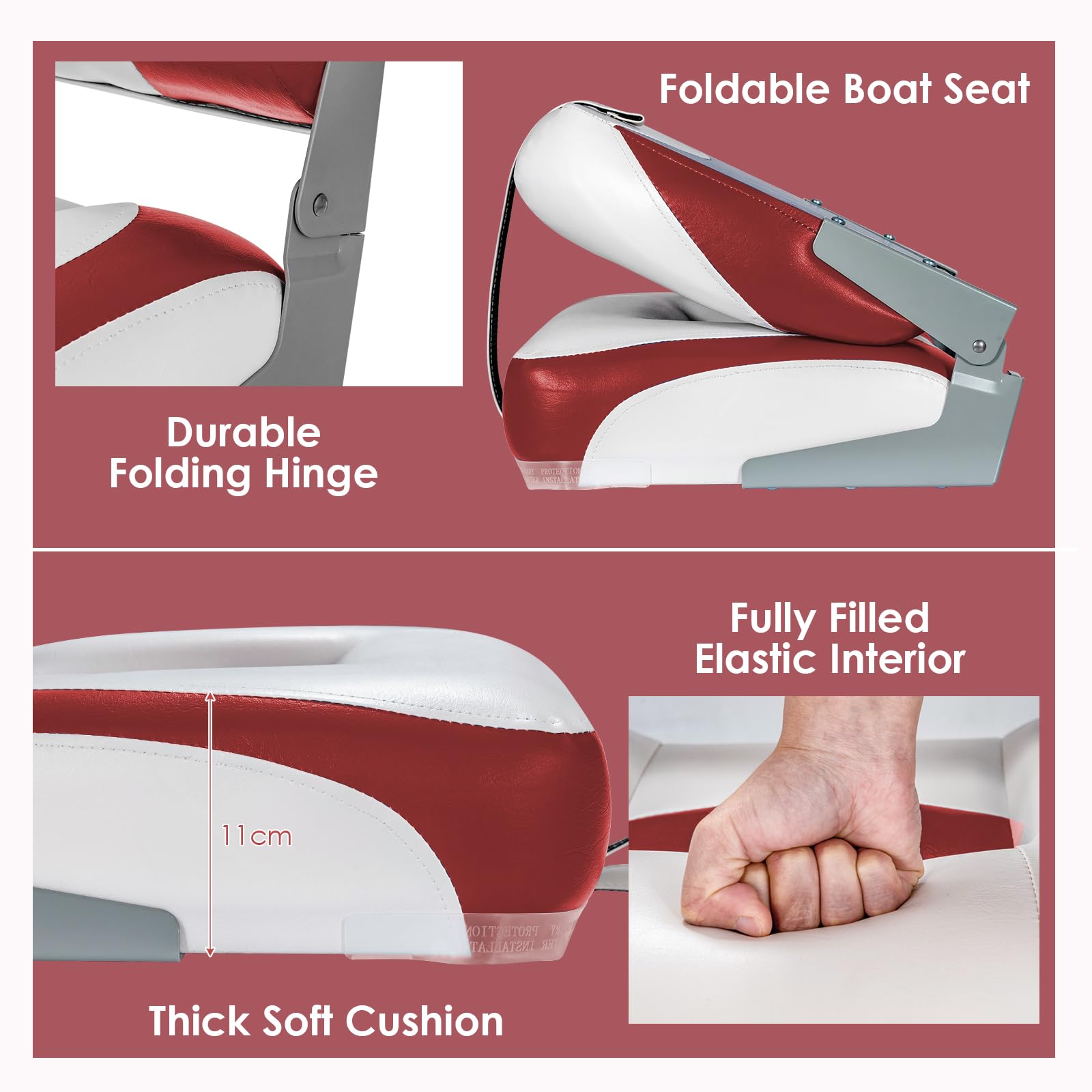 HOMASIS Juego de 2 Asientos de Barco Plegables Ergonómicos con Cuero de PVC Impermeable y Acolchado de Esponja, para Velero Barco de Pesca Yate, Carga de 100 kg, 50 x 52 x 42 cm Rojo