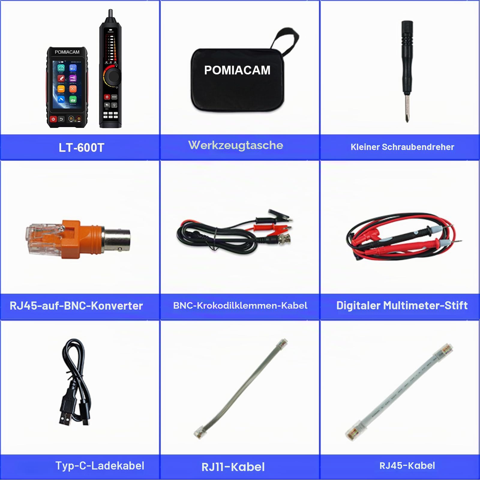 Netzwerkkabeltester, UTP-Kabeltester, Ethernet-Kabel-Tracker, 4-Zoll-IPS-Touchscreen, VFL OPM DMM TDR, Pegelmesser, PoE++-Erkennung, RJ45 TDR, Kabellängenmessung, Netzwerktools LT-600T
