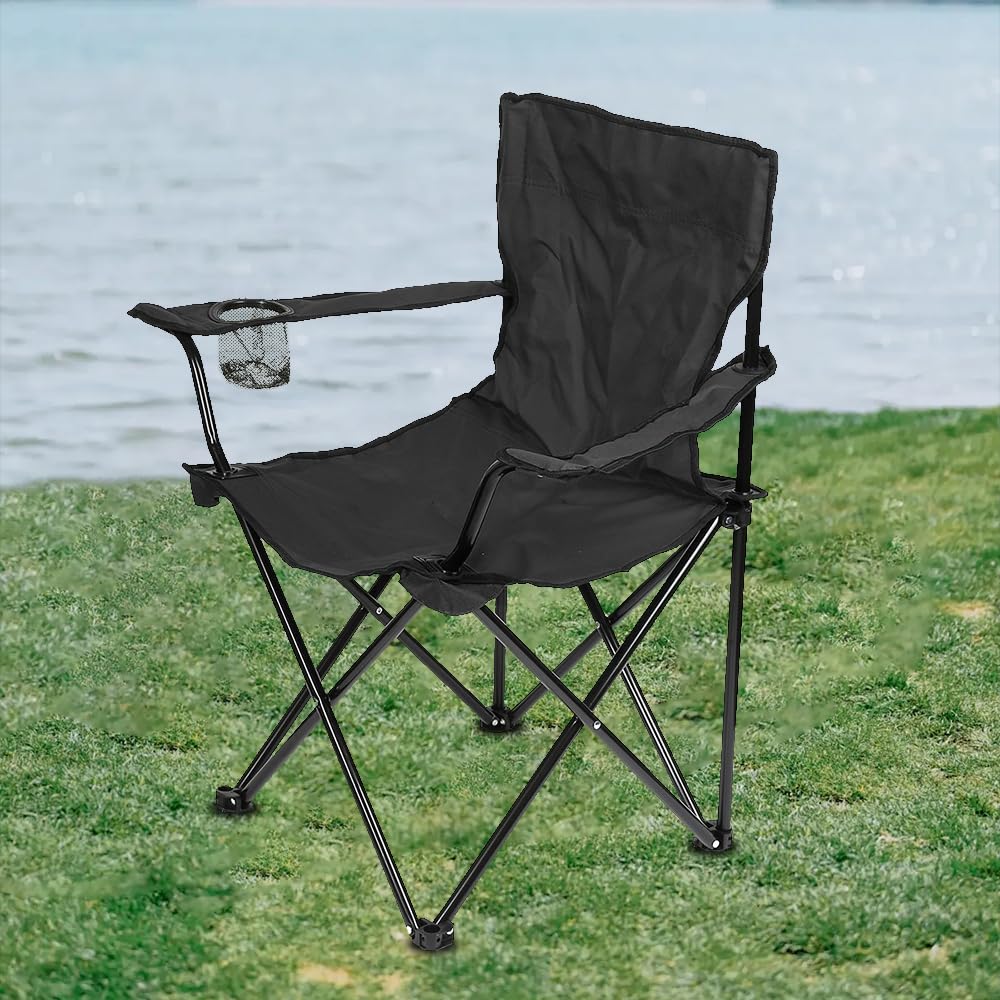 Chaise de Camping Pliante en Plein Air LANTUS, Noir, Style Côtière, Tissu Oxford, Acier Allié, Pliable, Porte-Gobelet Intégré