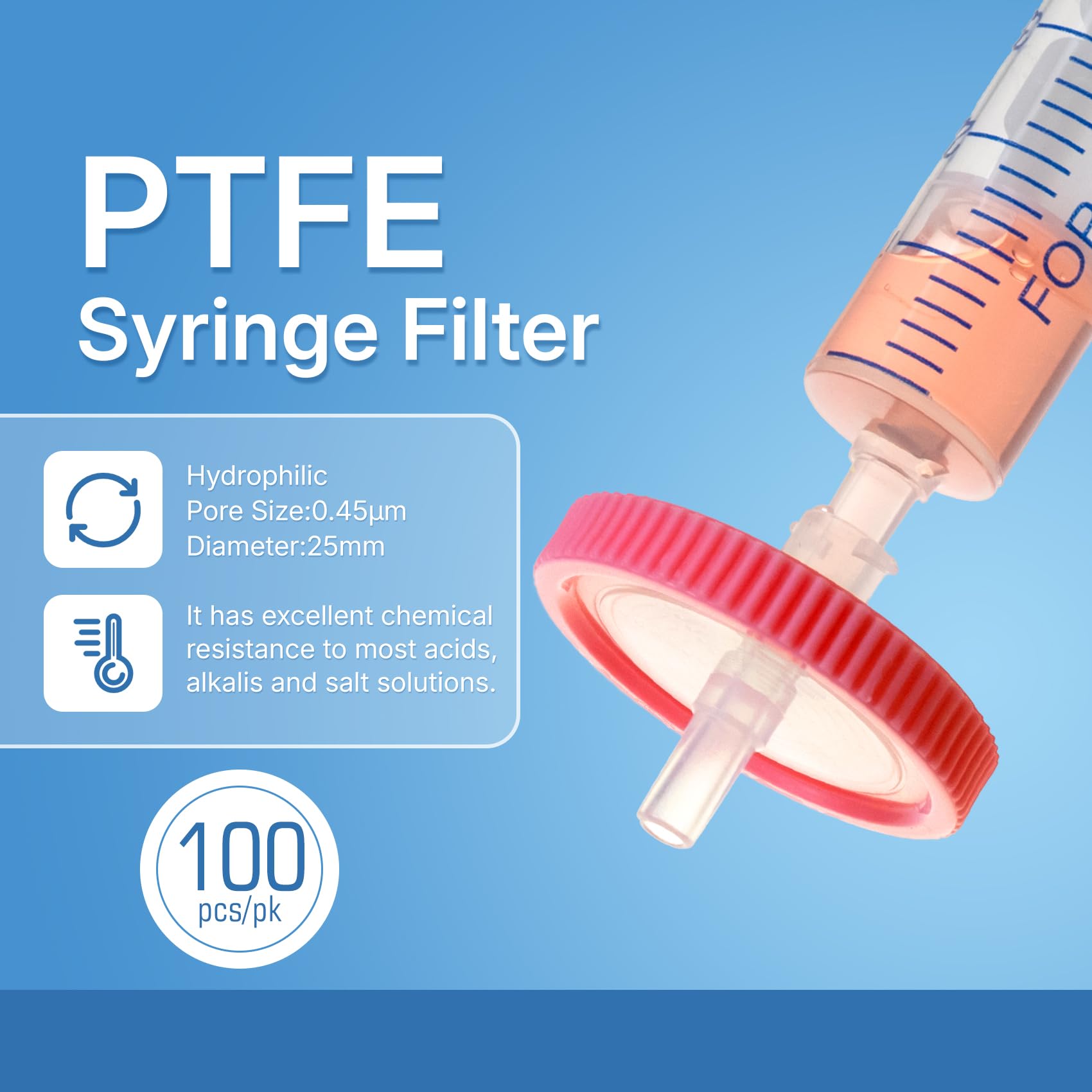 SERHICS Syringe Filters Hydrophilic PTFE 25 mm 0.45 um Non Sterile 100/pk