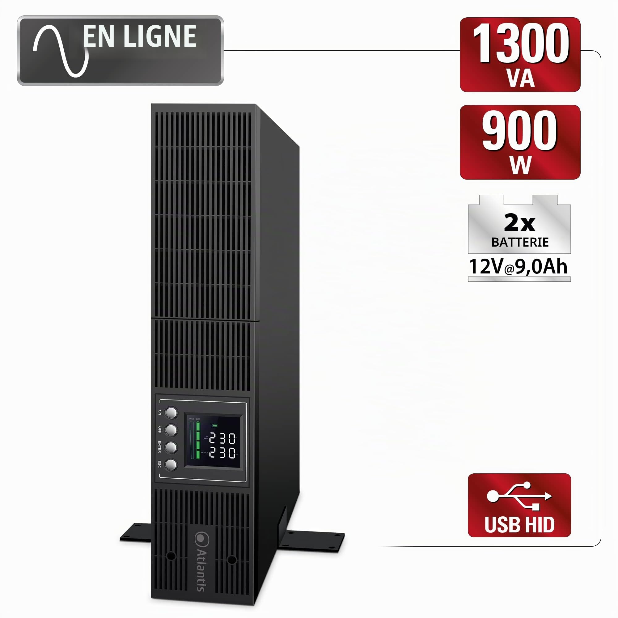 Atlantis onduleur on-Line Rack 1300 VA/900 W, Double Conversion | onde sinusoïdale pure, serveur, LCD, USB, RS232, 8 sorties IEC, slot SNMP, 2 batteries 12V 9Ah, réf. A03-OP1302-RC