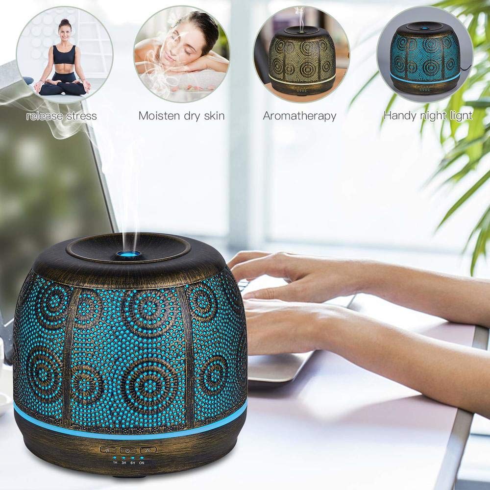 Humidificador Difusor de aceite esencial de aromaterapia metálica, humidificador, ultrasónico, neblina fresca, ajuste de tiempo, cambio de luz de color, sin agua apagado 500 ml Silenciosos