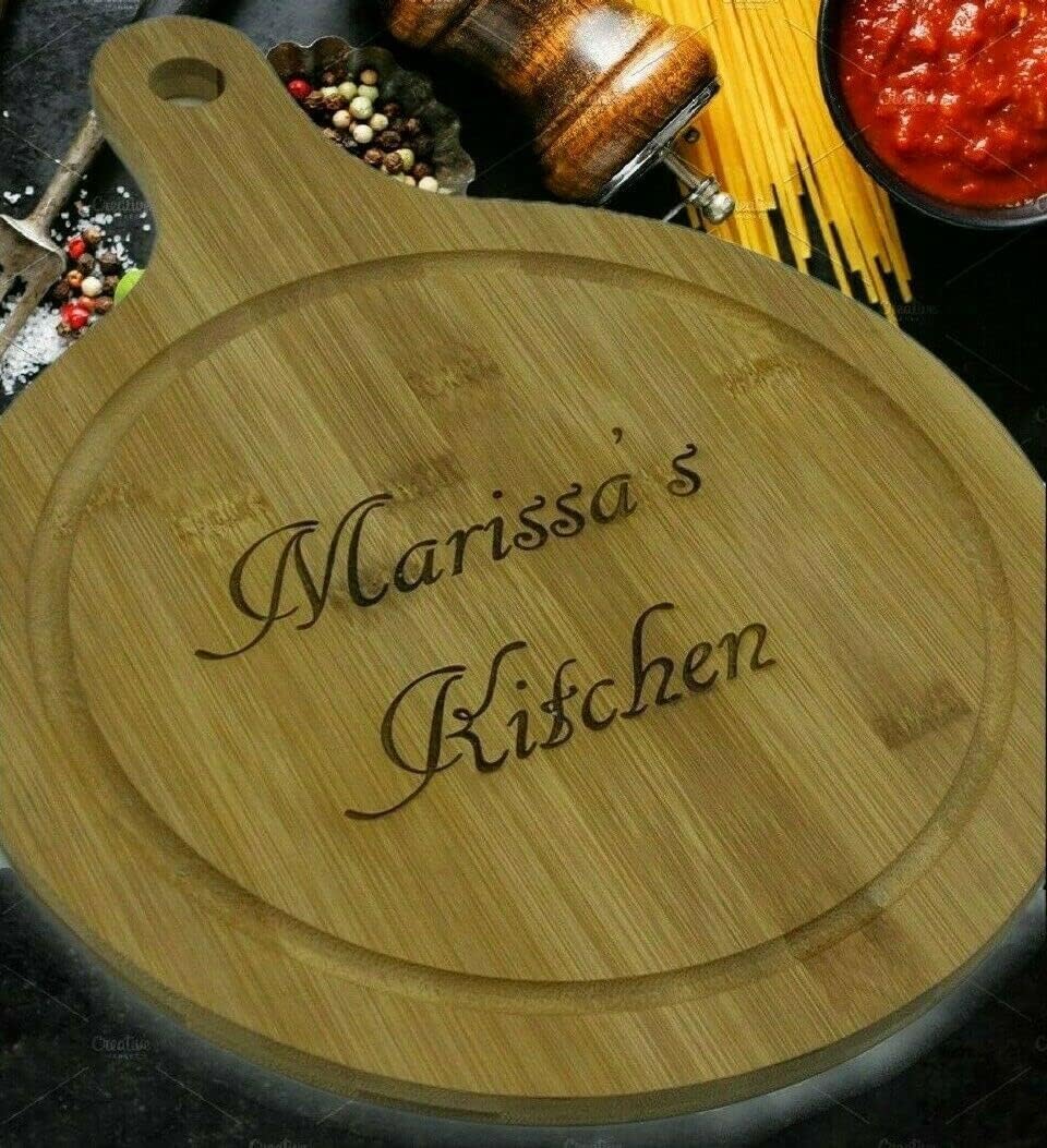 Large Cutting Cheese Charcuterie Board 13" x 10" Round Bamboo Wood Personalized Free Laser Engraved Made To Order, Features A Easy To Access & Hold Handle, Feel Like A Chef In Your Own Kitchen!