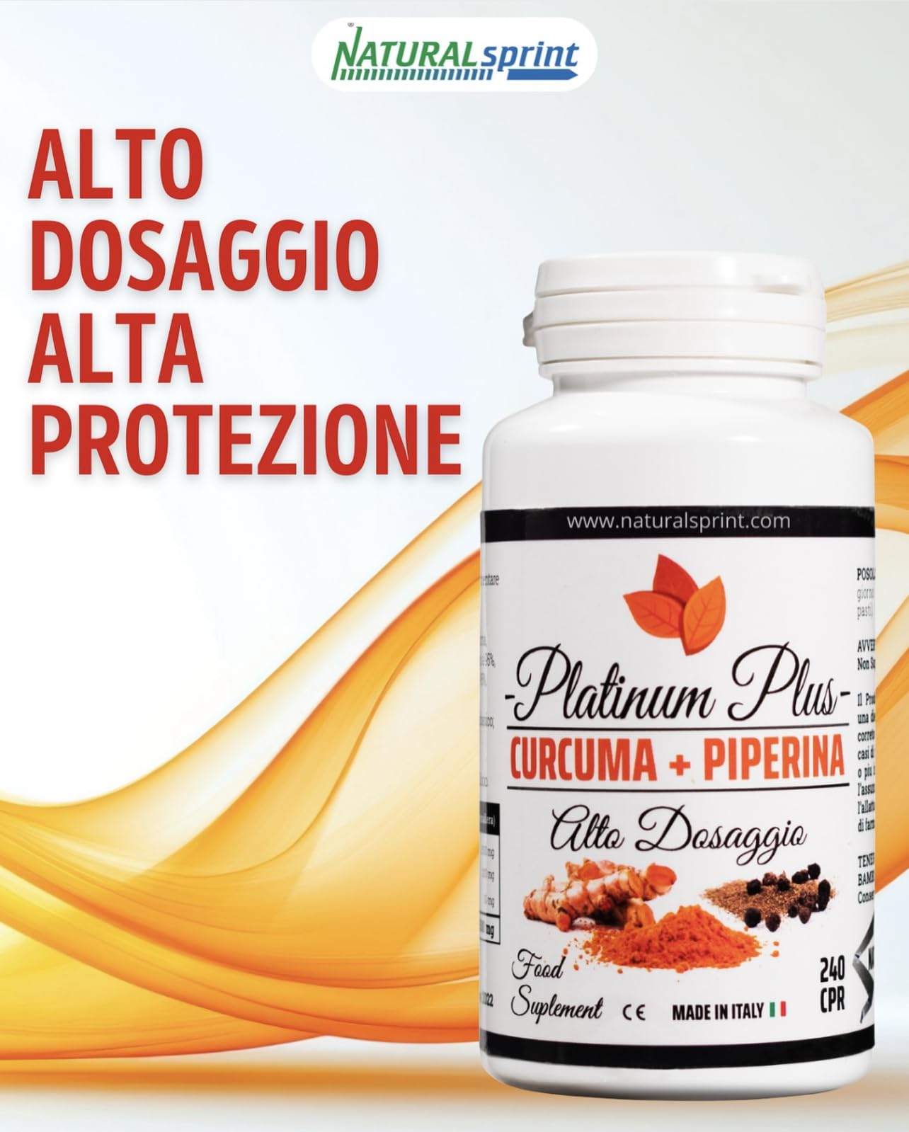 Curcuma + Piperina Platinum Plus - Curcumina Titolata ad Alto Dosaggio – 240 Compresse Naturali Made in Italy per il benessere quotidiano
