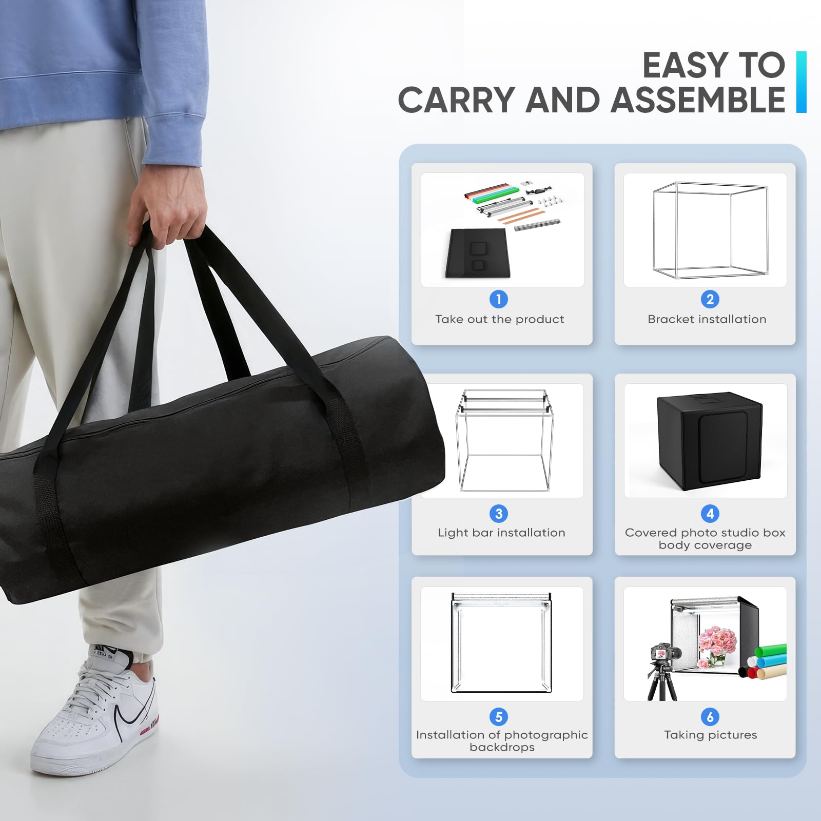 Light Box Fotografico 40x40cm Con 120 LED | Studio Portatile Per Foto Professionali | Con 6 Sfondi E Dimmer - Foto 11