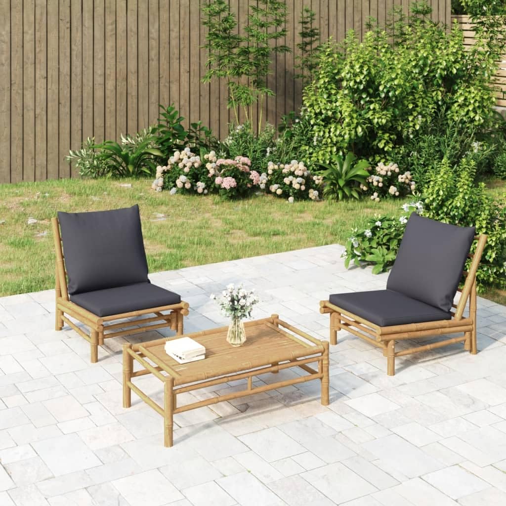 Salon de jardin 3 pièces en bambou avec table basse et coussins gris foncé pour balcon