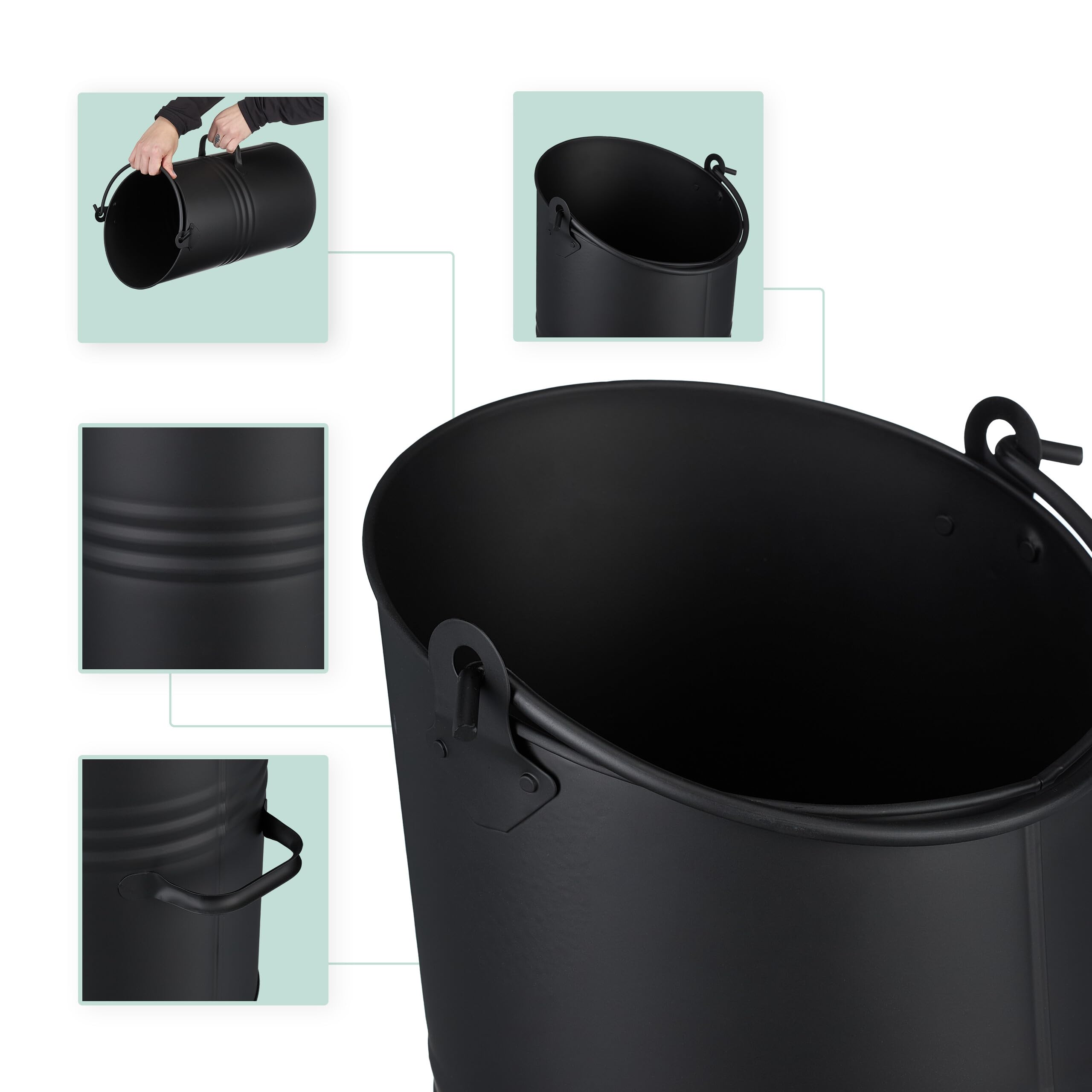 Relaxdays Cubo de Carbón 12 L, Hierro, Recipiente para Pellets con 2 Asas, Recogedor de Cenizas Chimenea, Metal, Negro