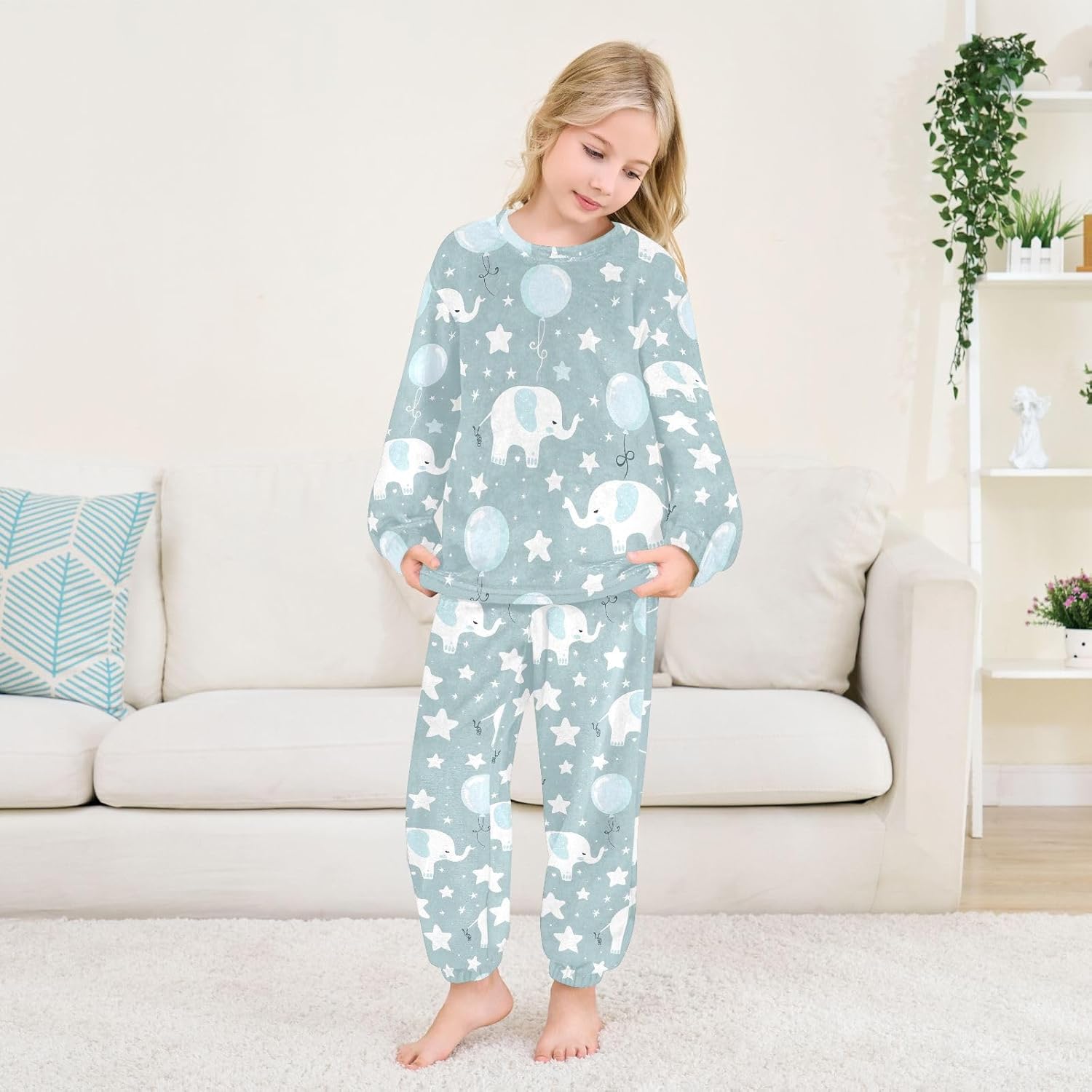 Kids Flannel Sets Animal Elephant Stars and Balloon Warm Plush Relaxed Clothing for Boys and Girls