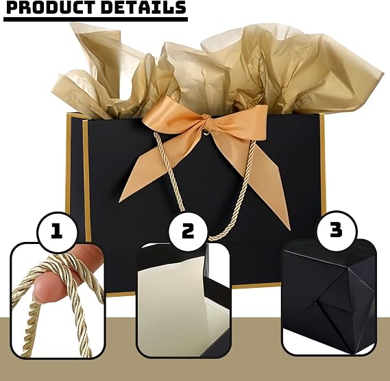 Medium Champagne Gold Gift Bags for Present,Paper Party Bags with Handles,3Pcs Birthday Gift Bag with Ribbons 6 Tissue Paper 3 Cards for Women Men Bridesmaid Wedding Valentines Christmas Birthday