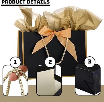 Medium Champagne Gold Gift Bags for Present,Paper Party Bags with Handles,3Pcs Birthday Gift Bag with Ribbons 6 Tissue Paper 3 Cards for Women Men Bridesmaid Wedding Valentines Christmas Birthday