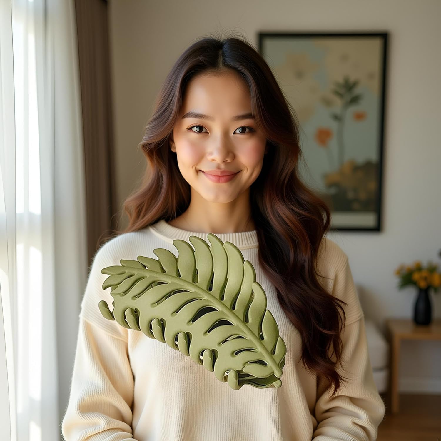 2Pcs Green Hair Clips,Leaf shaped Many Teeth Big Claw Clips,Non slip Leaves Hair Catch Barrette Jaw Clamp Hairpins for Women Girls Thin Thick Hair Clips and Barrettes Hair Accessories(3.5 Inch)