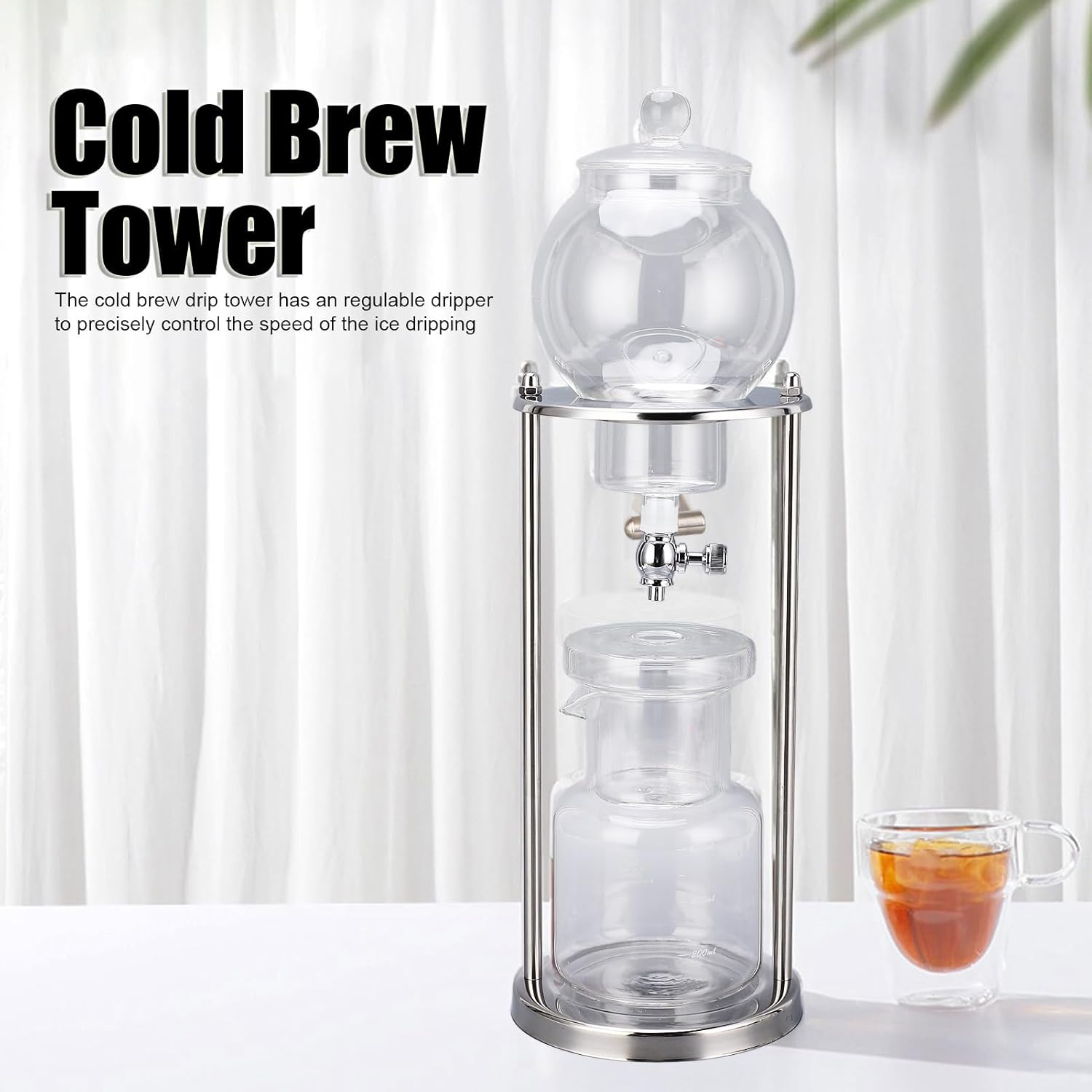 Focket Cold Brew Coffee Maker, Regulable Dripper 600ml Capacity Stainless Steel Stand Cold Brew Pitcher, Iced Coffee Maker with Glass Filtering and Filter Papers for Home Office Use