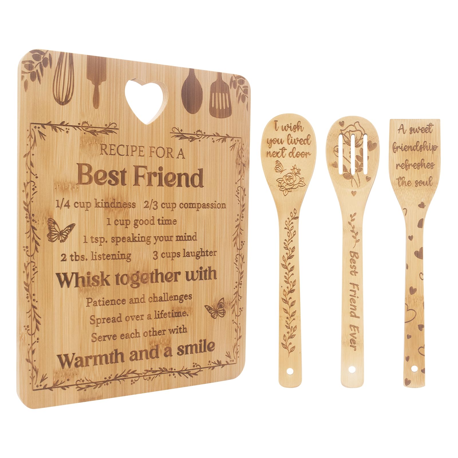 Planche à découper en bambou cadeau amie avec 3 cuillères bois gravées
