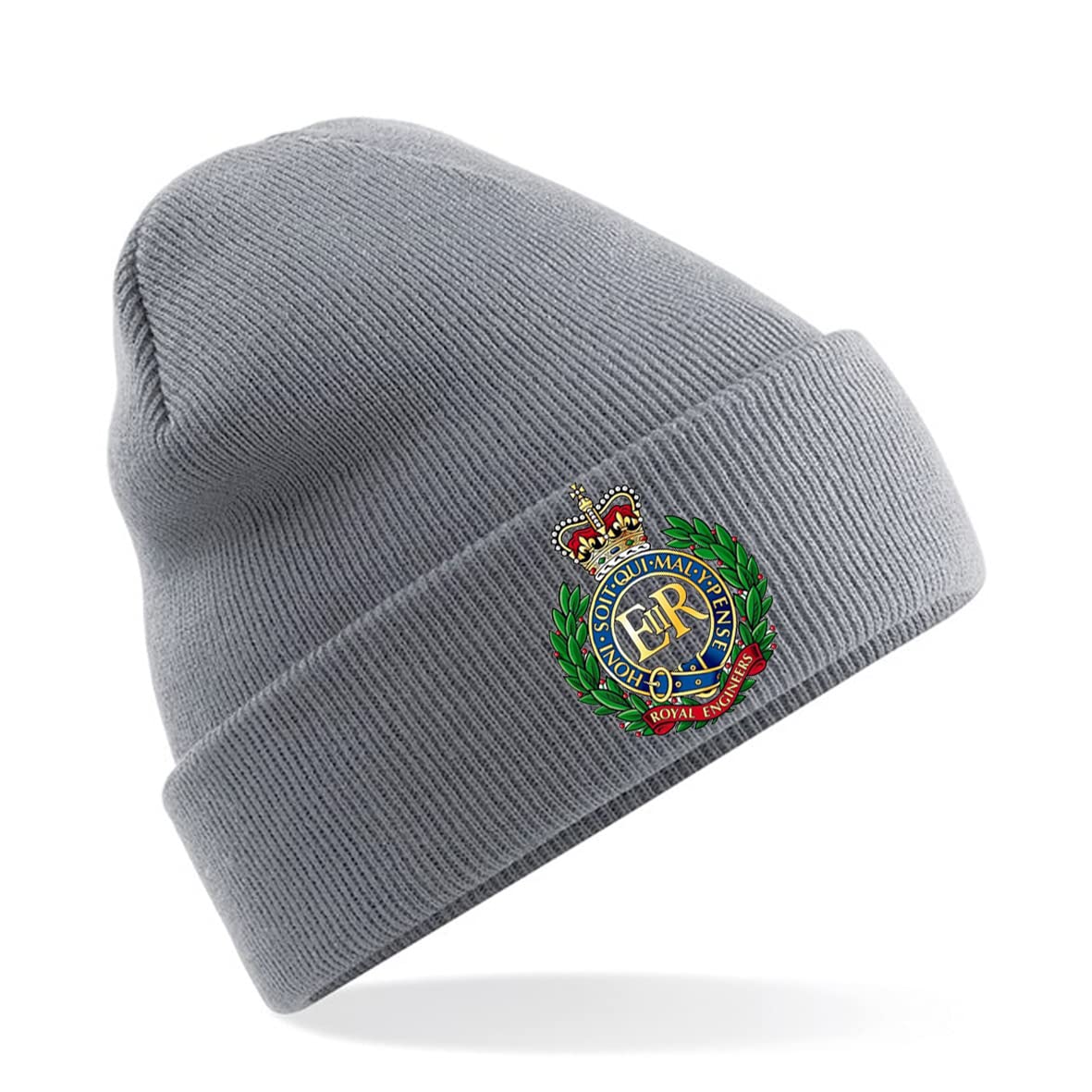 Psave Men's Grey Royal Engineers Insignia Premium Embroidered Beanie Hat, Bob Hat British Army Military (Grey)