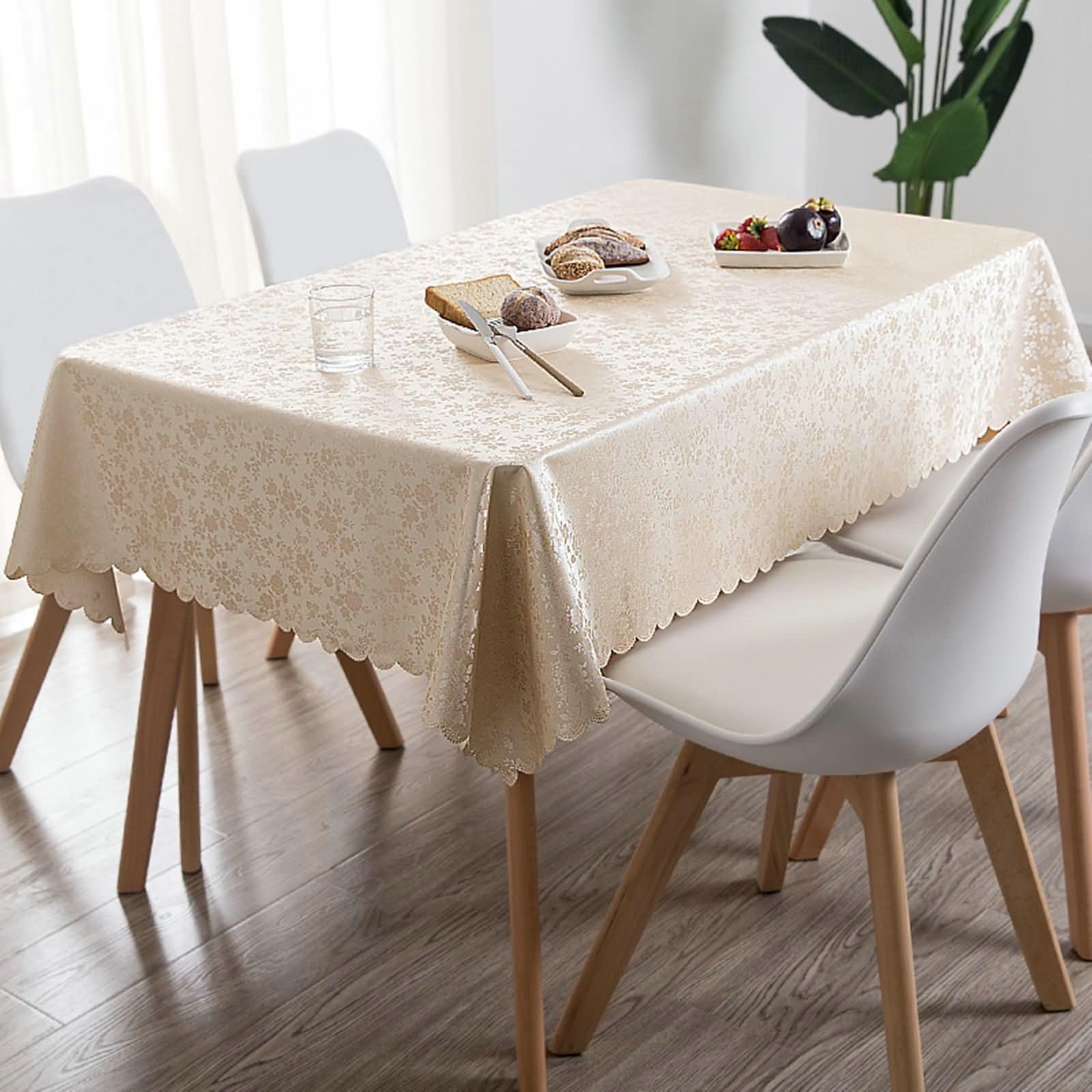 Tischdecken 160 cm, Runde Tischdecke Abwaschbar Modern PVC Blumen und Blätter Muster Tischtuch für Indoor, Outdoor, Essen, Küche, Champagner