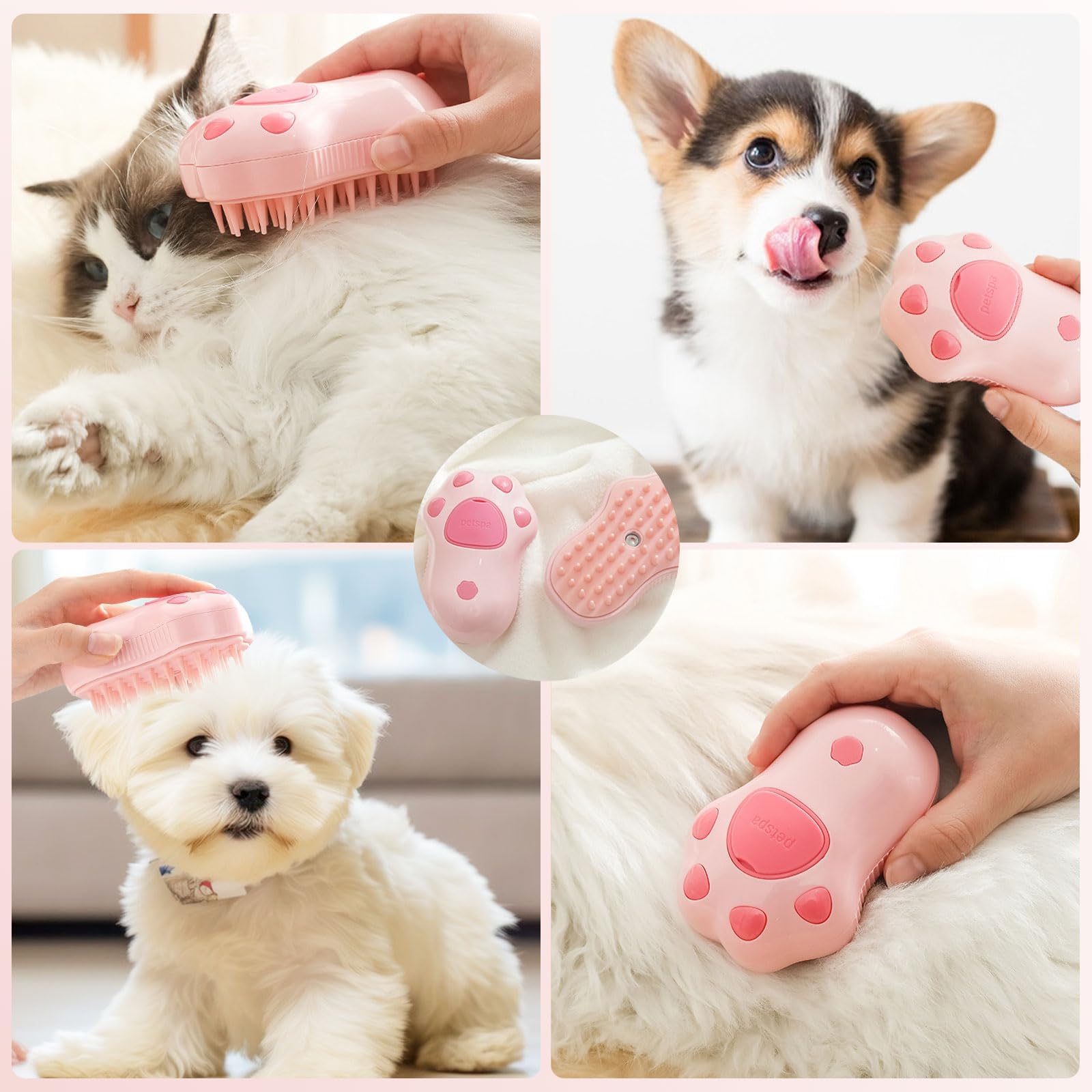 Pink 3-In-1 Self-Cleaning Pet Brush with Water Spray, Massaging Steamer for Shedding, Removing Tangles from Dogs and Cats