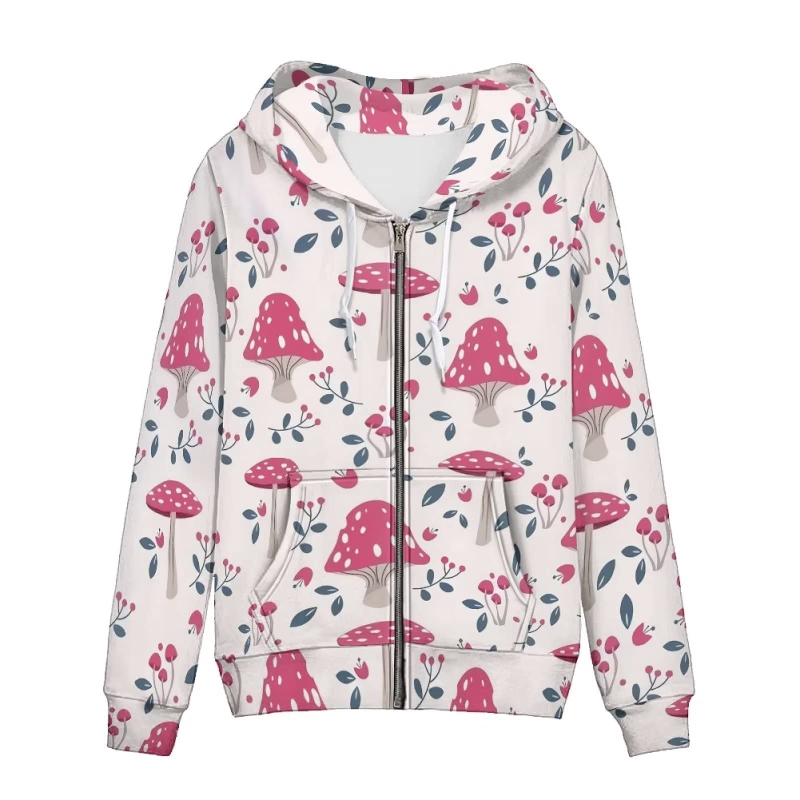 HUIACONG Bluza z kapturem zapinana na zamek błyskawiczny damska bluza z kapturem rozmiar XS-5XL nastolatki sweter, Różowy grzyb biały, XXL
