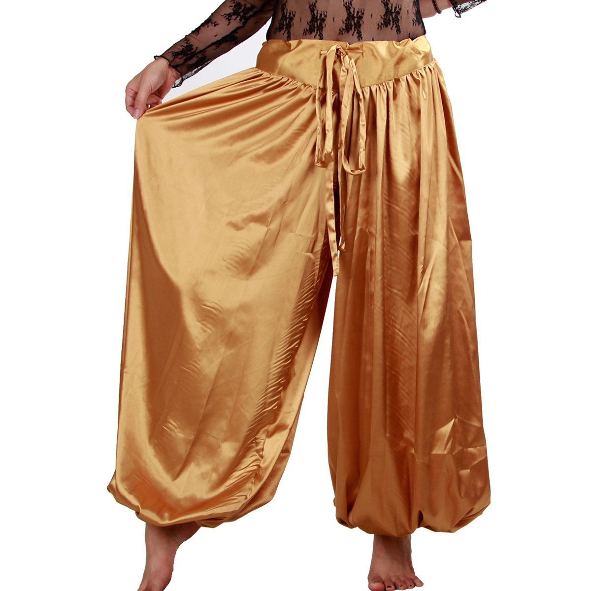 Belly Dance Tribal Harem Pants Unisex Satin Pants Loose Solid Plus Size(Light Coffee)