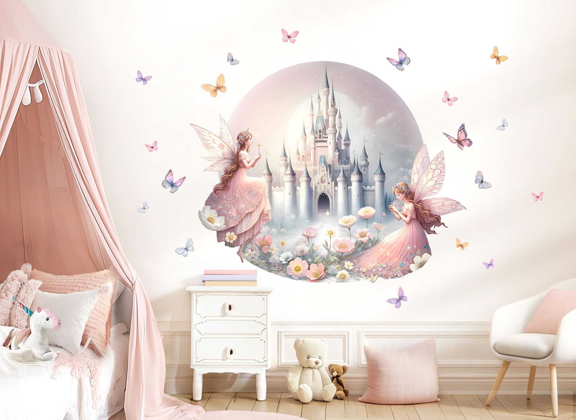 Little Deco Naklejka ścienna zamek wróżka pokój dziecięcy dziewczynka tatuaż ścienny 119 cm okrągły motyle naklejka ścienna do pokoju dziecięcego różowa sypialnia dekoracja ścienna DL5034-04