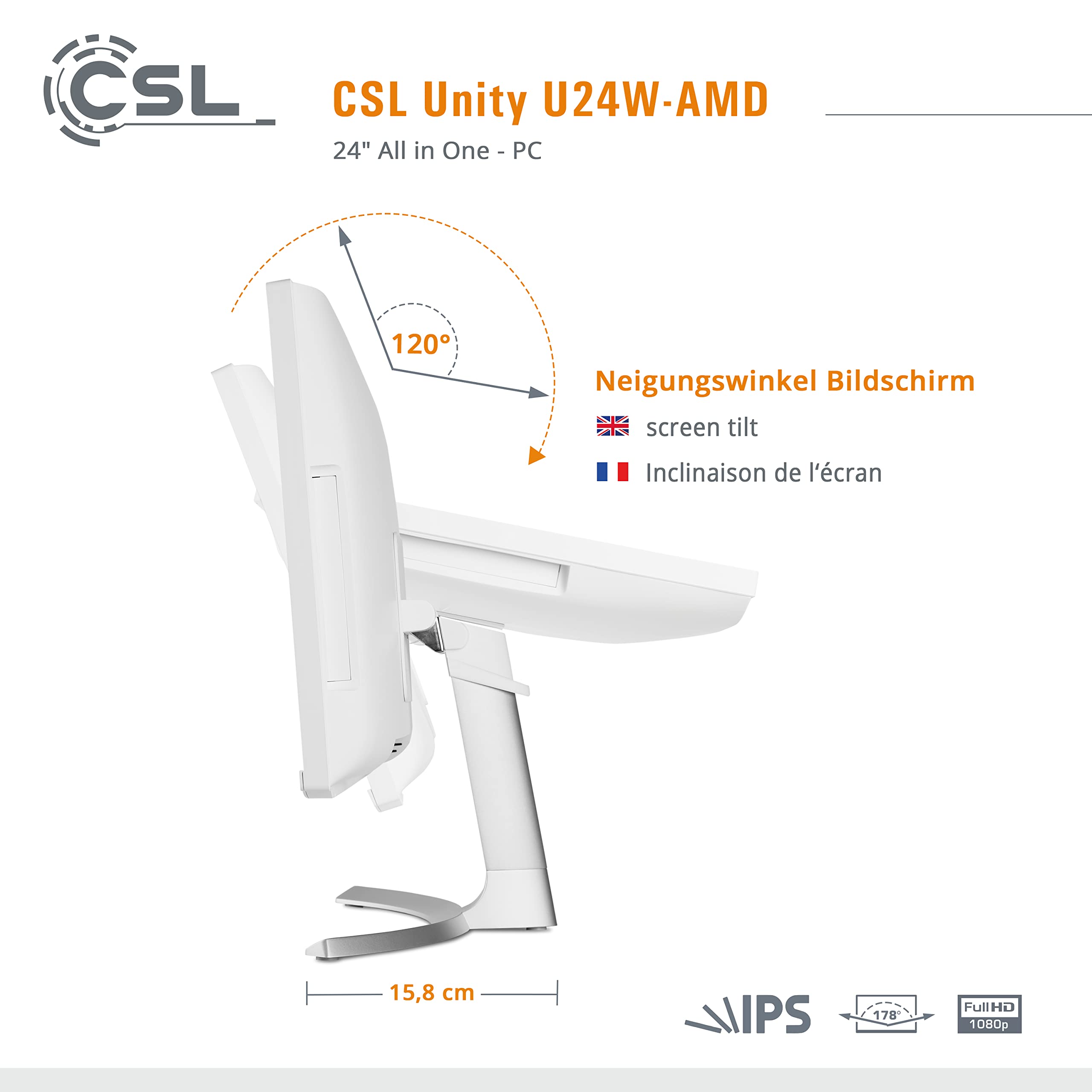 PC Tout-en-Un CSL Unity U24W-AMD, 60,5 cm (23,8 Pouces, 1920x1080 Full HD) - AIO Puissant (AMD Ryzen 7 5700G CPU 8x3800 MHz, 2000 Go SSD, 32 Go DDR4-RAM, Windows 11 Pro), Blanc