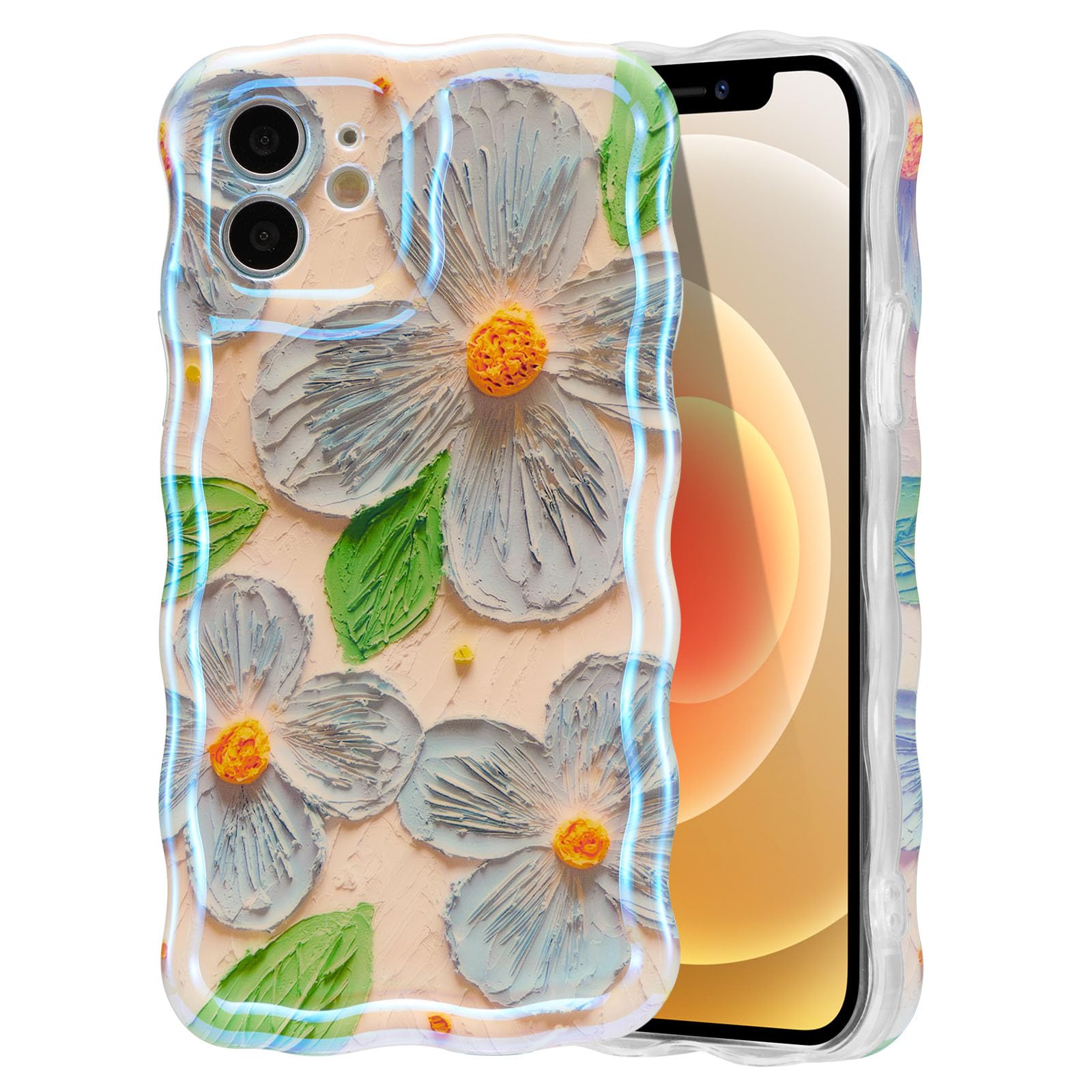 EYZUTAK Case for iPhone 15, Colorful Retro Oil Painting Flower Laser Beam Glossy Pattern Cute Curly Waves Border Exquisite Phone Cover Stylish Durable Soft TPU Protective Case for Girls Women - Green — view 24