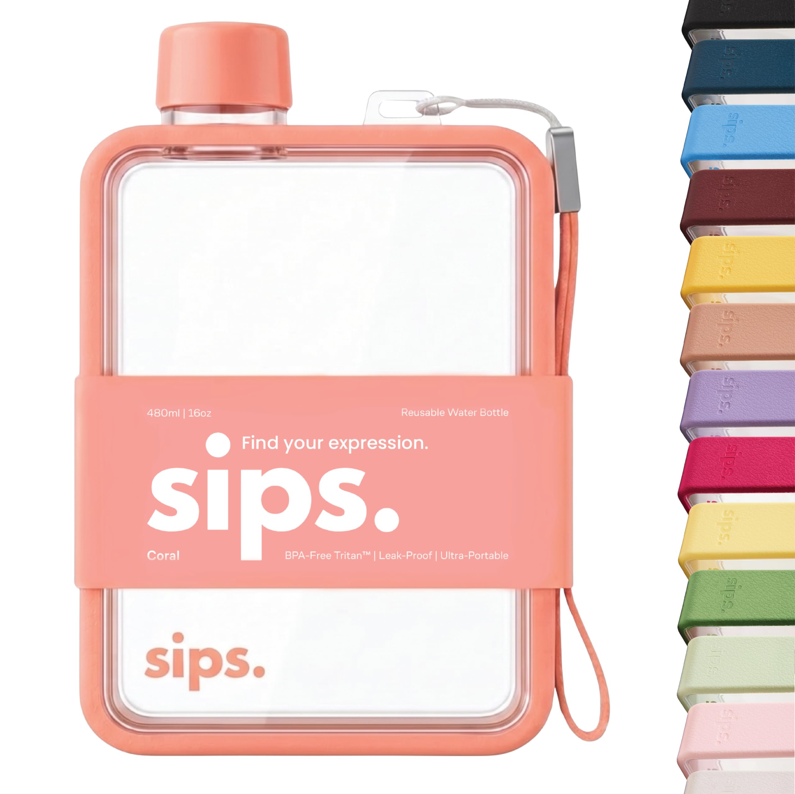 Sips. Flat Water Bottle 480ml, BPA Free Tritan Small Water Bottle for Purse, Gym, Travel, Leakproof, TPU Grip, PU Strap, 17 Colors