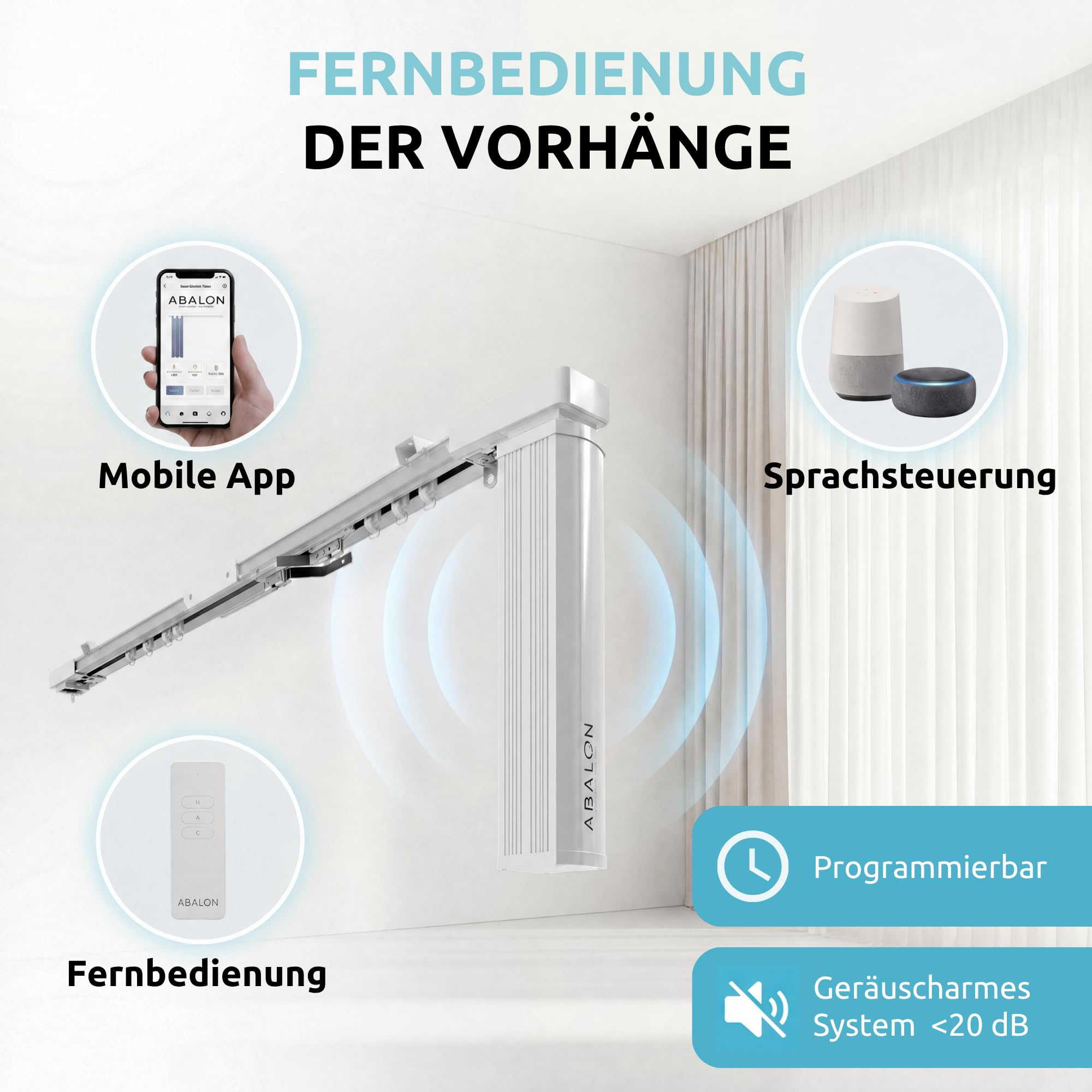 ABALON Elektrische Gardinenschiene, WLAN-Motor (2 Meter, Grau) | WLAN-Motor kompatibel mit Alexa, Google Home und der Tuya Smart App, Inklusive Fernbedienung, Wand- oder Deckenmontage