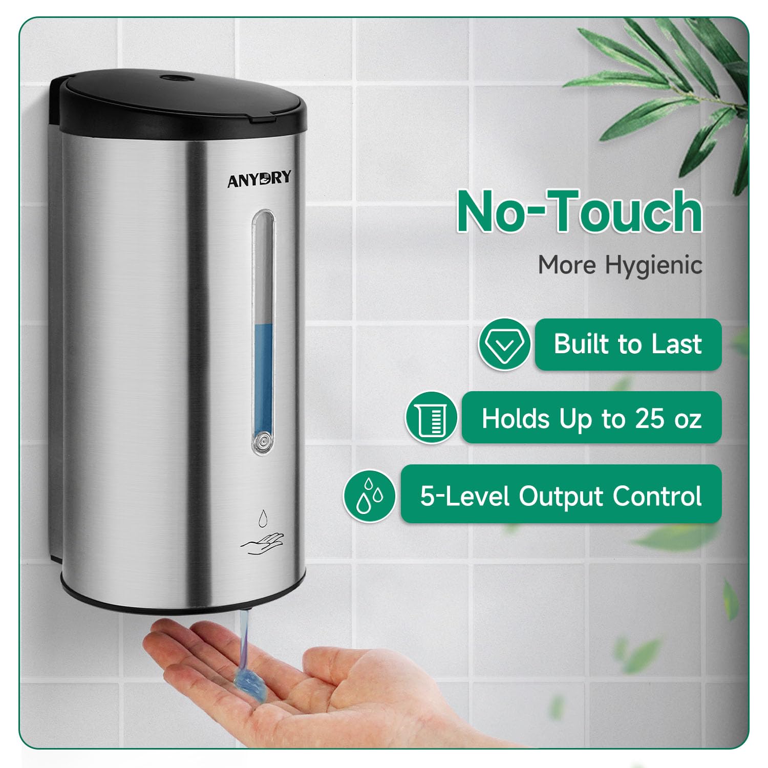 anydry 25oz Brushed Stainless Steel Automatic Liquid Soap Dispenser Wall-Mounted, Commercial Grade, Model 1205E