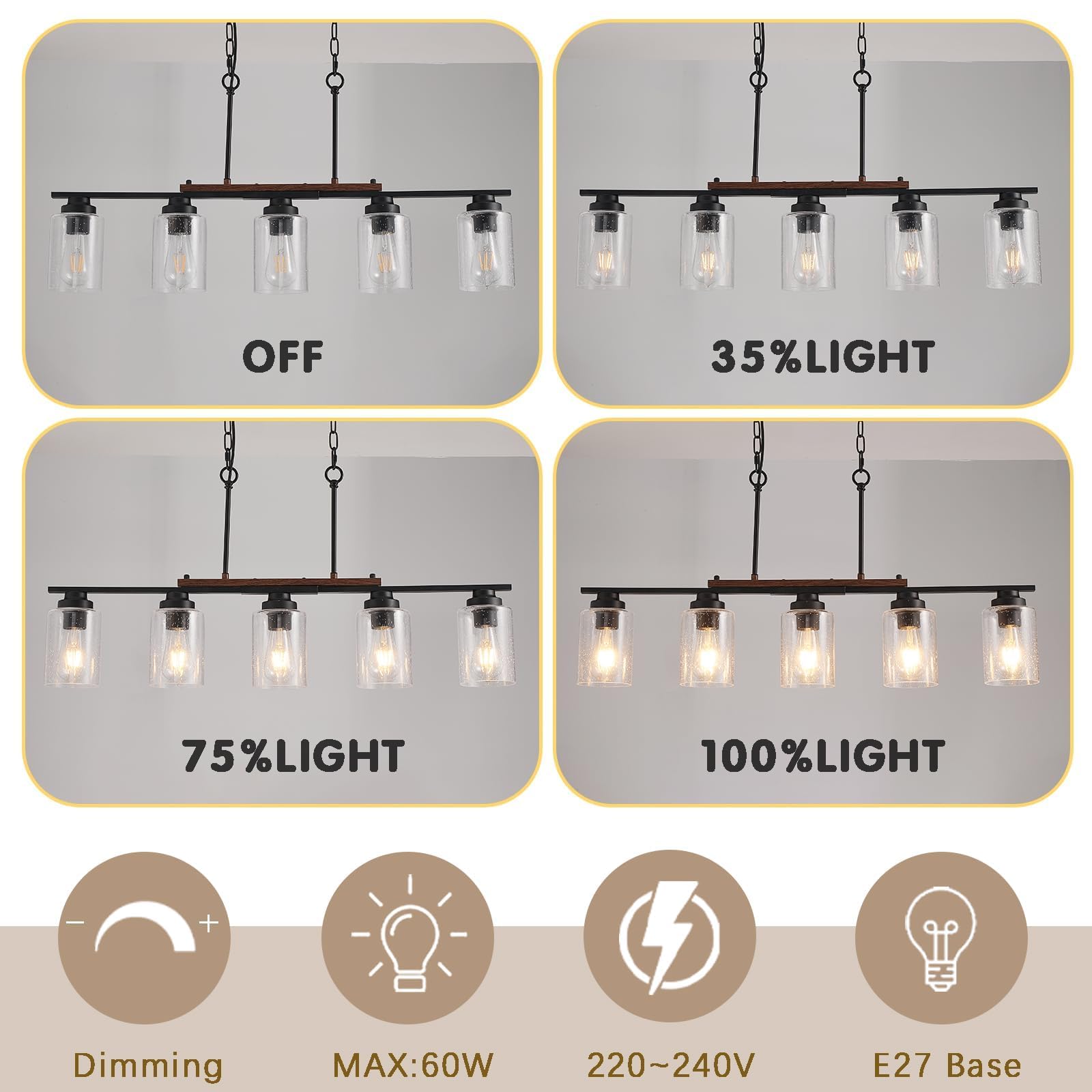 Żyrandol 5-ramienny, E27, vintage, rustykalne lampy kuchenne, sufitowe lampy przemysłowe wiszące z metalu i szkła, matowa czarna lampa wisząca do sypialni, korytarza, kuchni