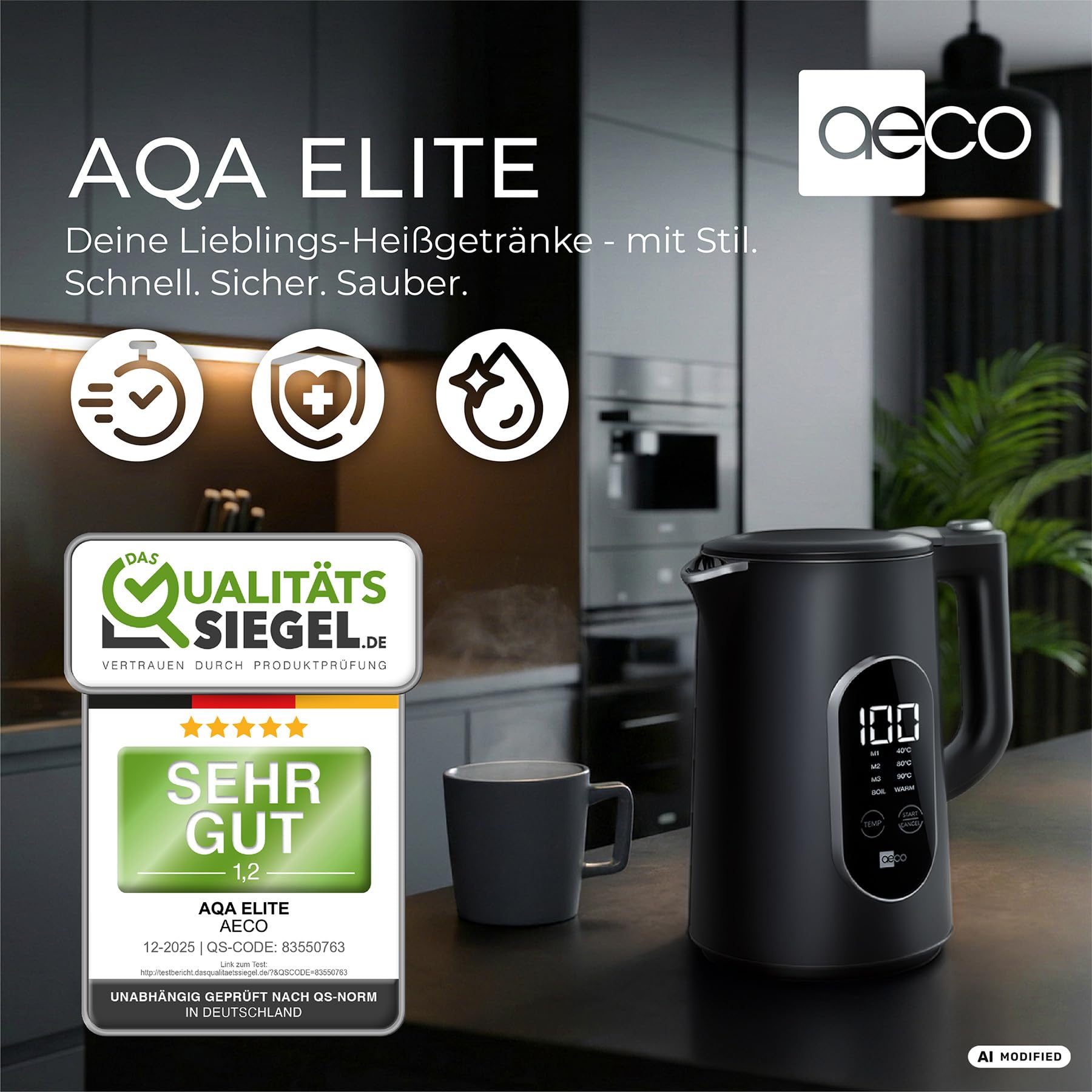 aeco AQA ELITE elektrischer Wasserkocher Edelstahl schwarz-matt mit Temperatureinstellung Tee-Kocher Teebereiter electric kettle tea-maker | 1,5 Liter, 2200 Watt, BPA-frei, Kalk-Filter, Cool-Touch