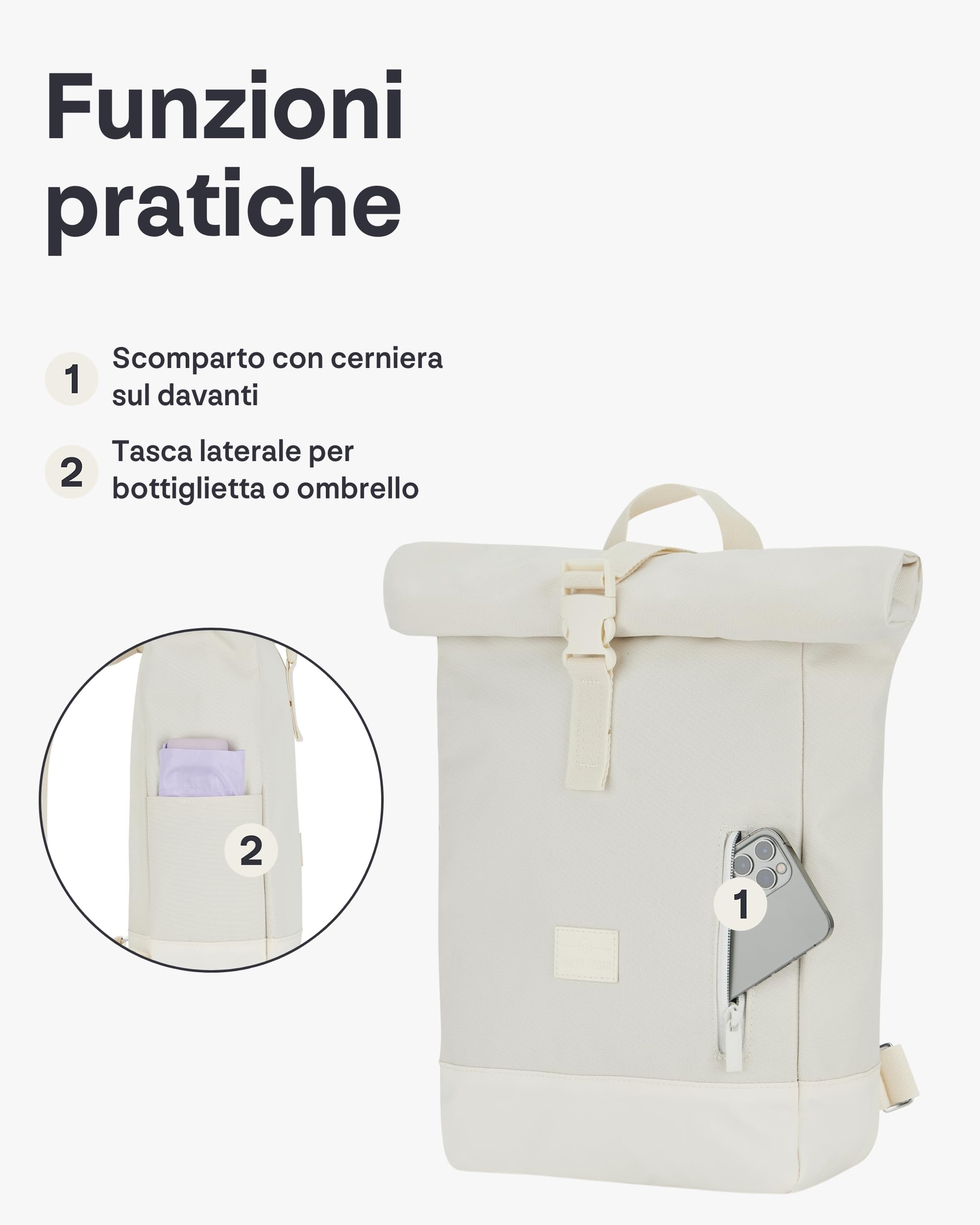 Johnny Urban Zaino Donna e Uomo Bianco - Robin Small - Zainetto Rolltop per Lavoro Viaggio Università -Scomparto per Laptop 12 Pollici - Sacca Casual per Ufficio e Lavoro - Idrorepellente