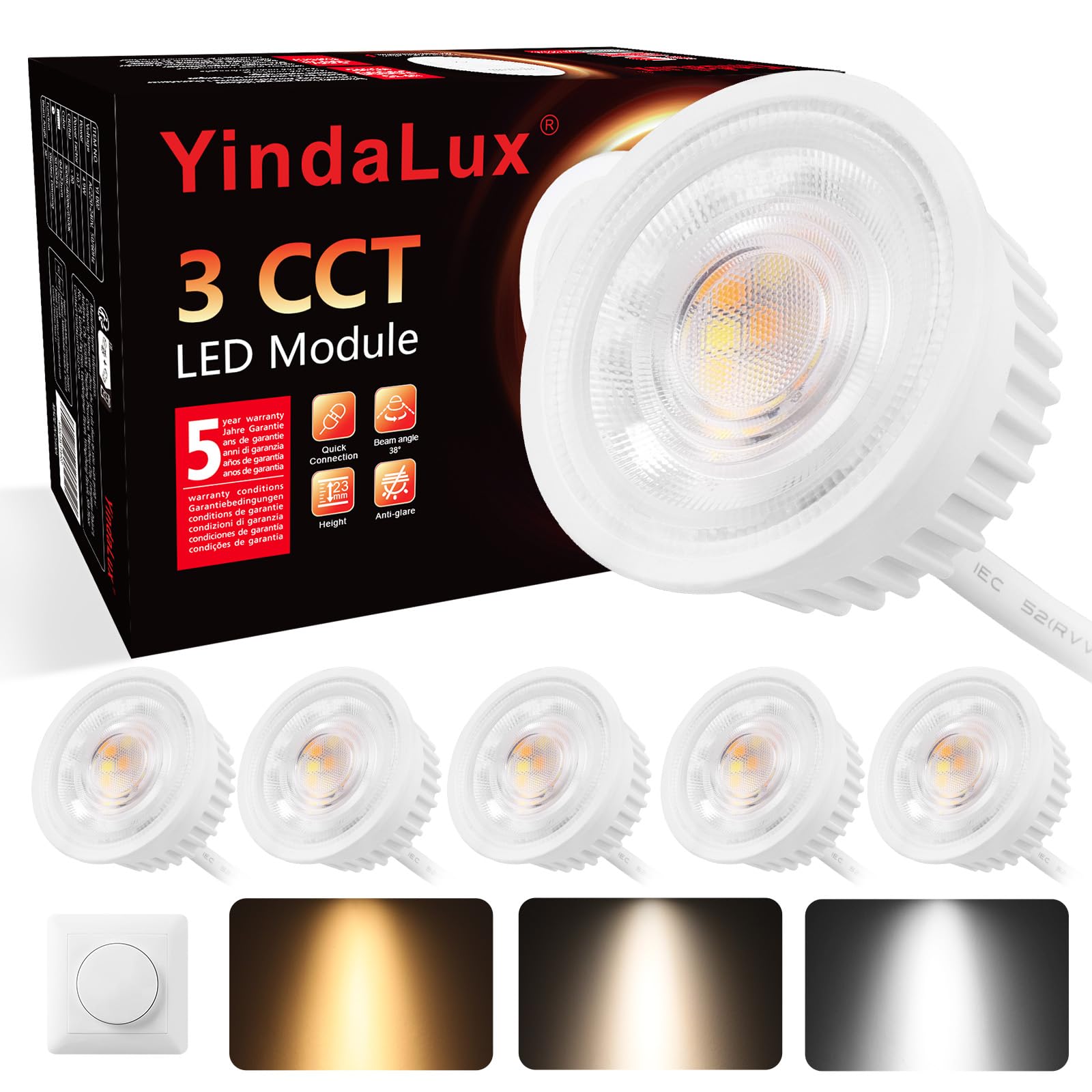 YindaLux Pack of 6 Dimmable LED Module Diameter 50 x 23 mm for Recessed Spotlights 4.9W 500LM 3CCT Warm White 3000K Natural White 4000K Cool White 6500K IP44 Waterproof Module 38° Replaces GU10 MR16 - Image 2