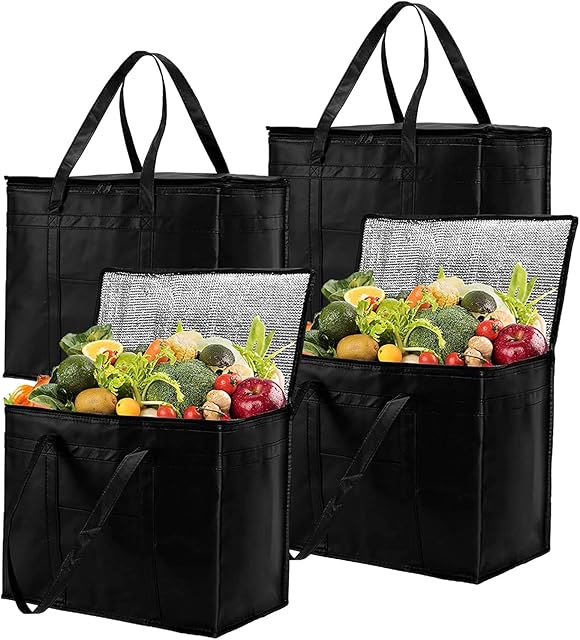 Bekith 4 Pack XL Insulated Reusable Grocery Bags with Zippered Top, Insulated Shopping Bag, Black