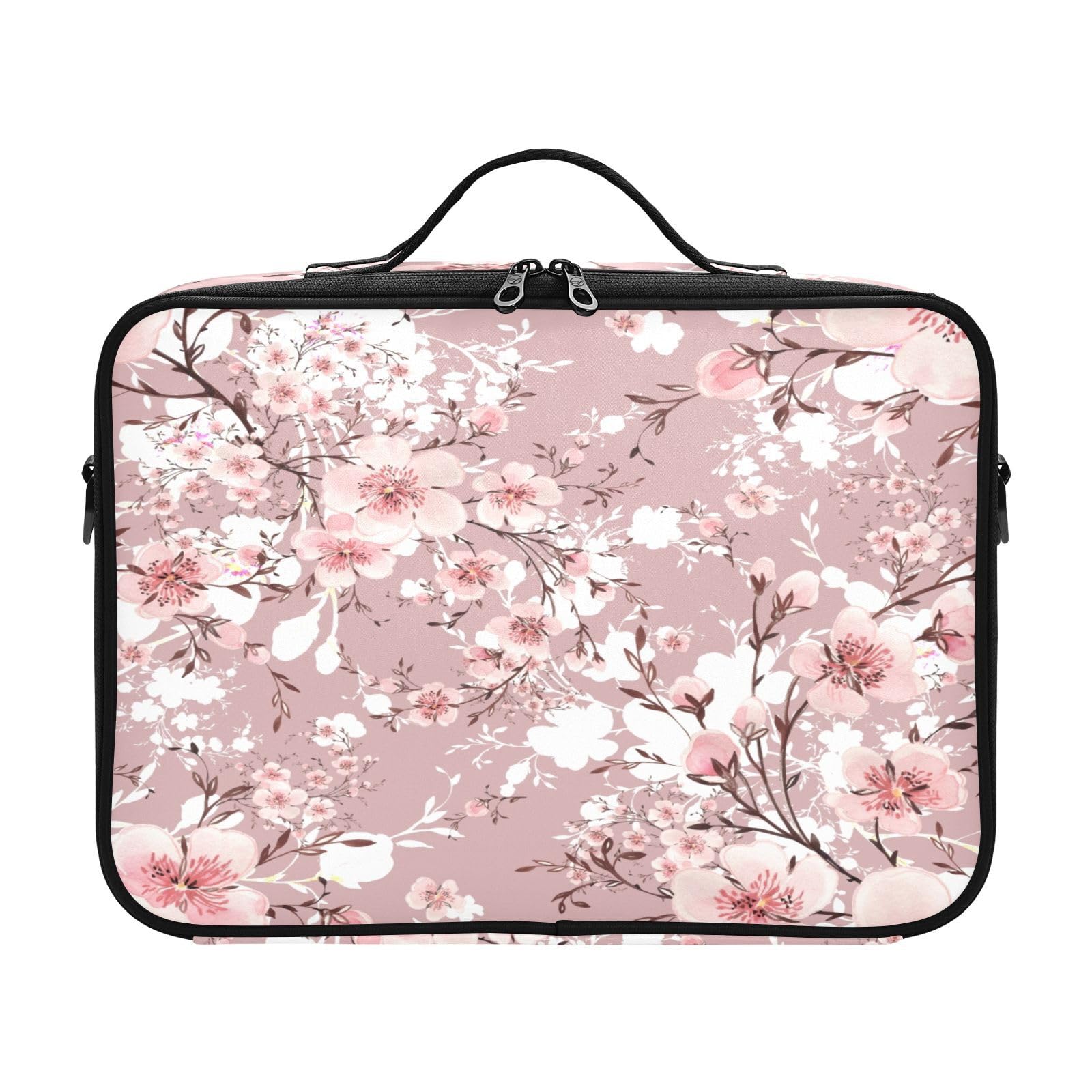 zyrtty Travel Makeup Train Case Spring Cherry Blossoms Pink Flower Cosmetic Organizer Portable Storage Bag with Adjustable Dividers for Cosmetics Brushes Toiletry Jewelry Digital Accessories