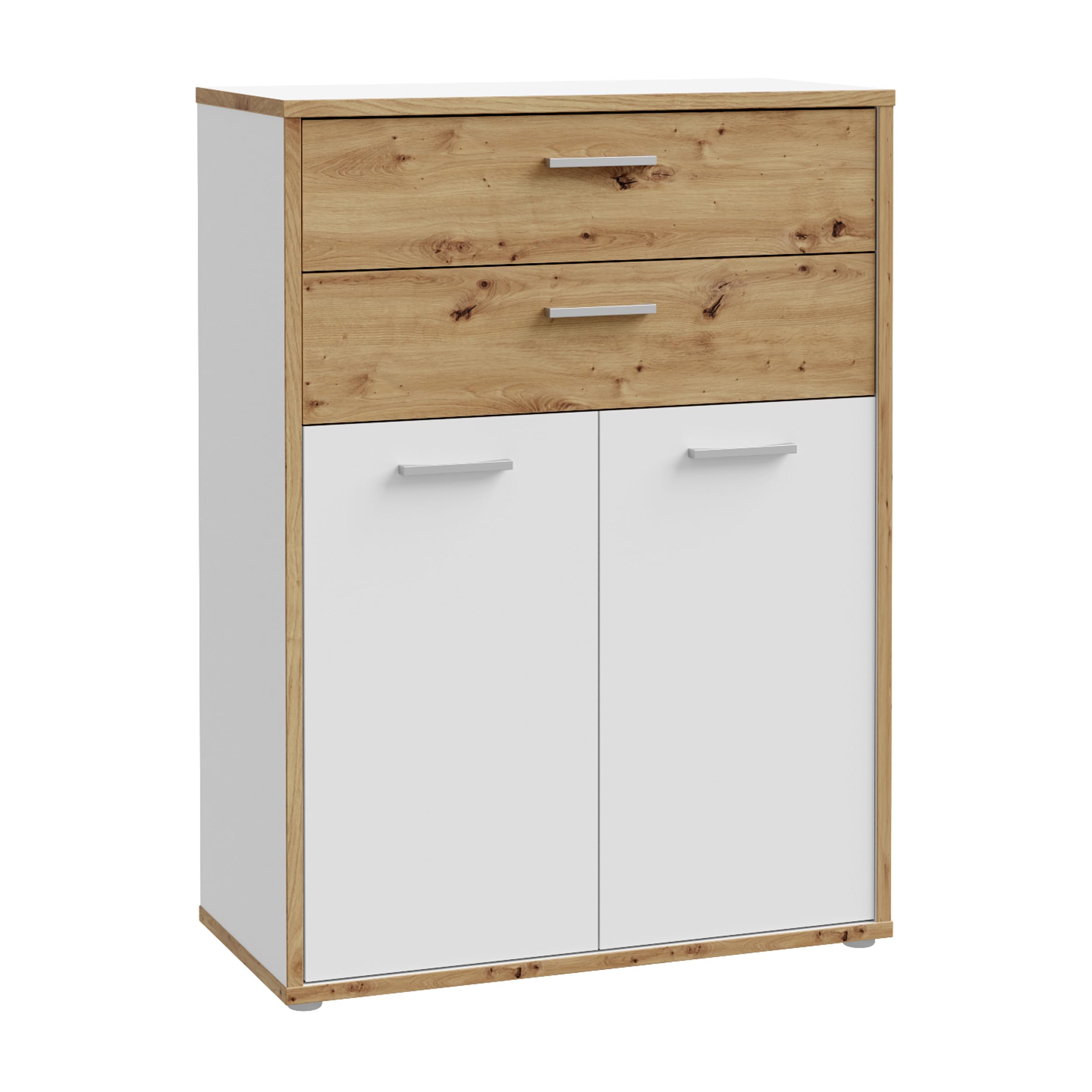 Forte KEFLAVIK Schrank 80 90, moderner Büroschrank mit 2 Türen und Schublade, Holzwerkstoff, Artisan Eiche Holzdekor | Weiß, 84,5 cm breit x 115,1 cm hoch x 41,5 cm tief