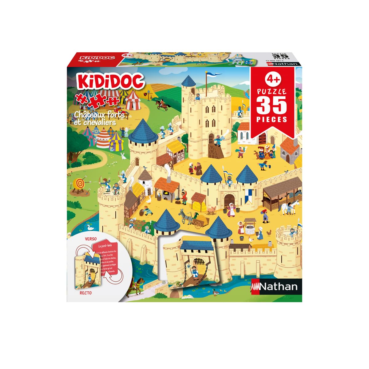 Nathan - Puzzle Recto-​Verso pour Enfant de 35 pièces - Kididoc - Châteaux forts et Chevaliers - Dès 4 Ans - Puzzle de qualité supérieure - Encastrement Parfait - 12004181