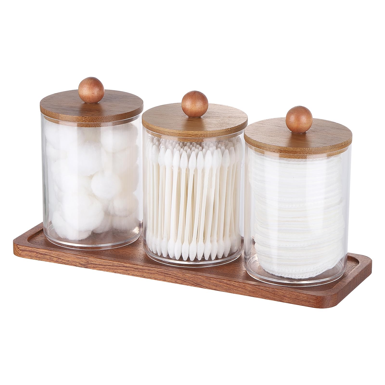 Tbestmax Qtip Holder with Vanity Tray, Clear Bathroom Containers Dispenser for Storage Cotton Swab/Ball/Pad Holder Wood Lids