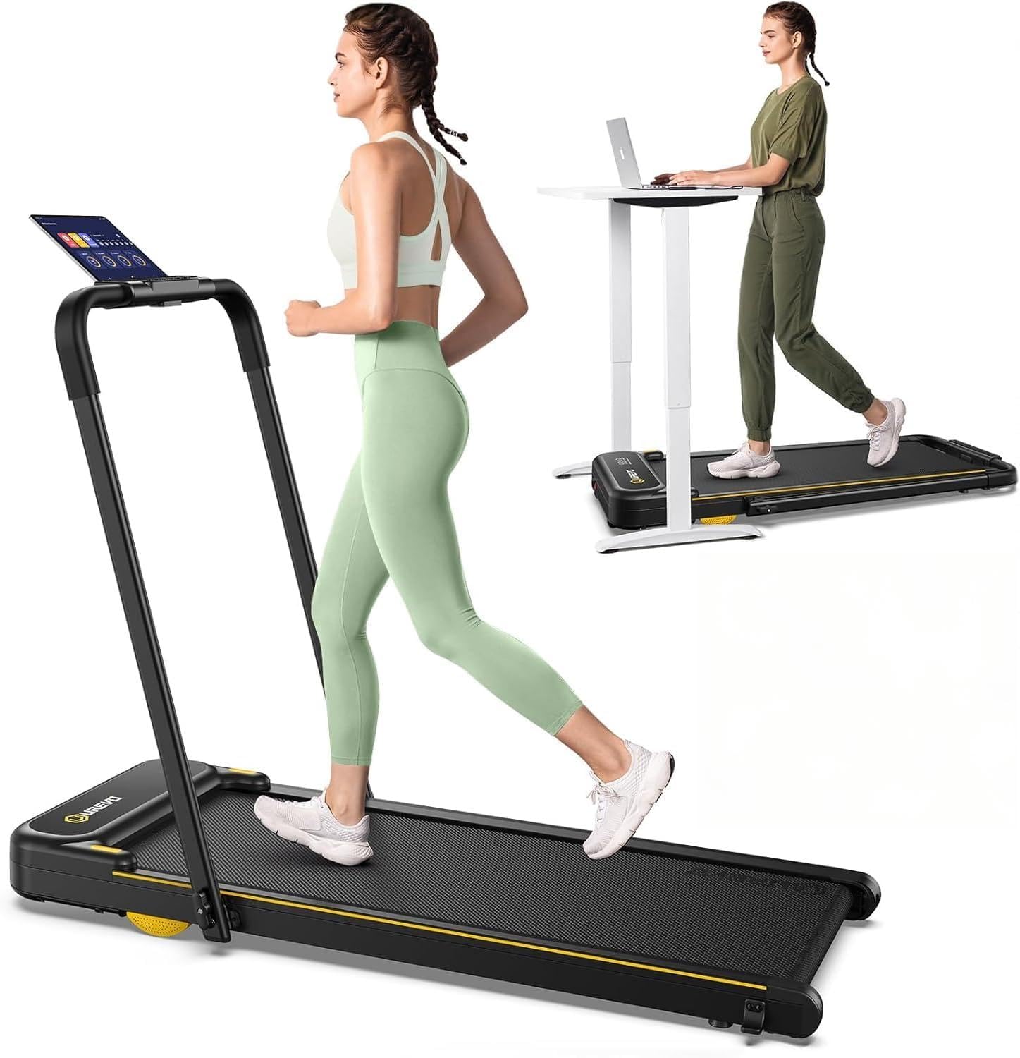 UREVO Smart Tapis Roulant con App, 3-in-1 Tapirulan Pieghevole con Maniglie di Sicurezza, Display LED Doppio, 1-10 km/h Walking Pad Sottoscrivania per Casa e Ufficio, con Telecomando
