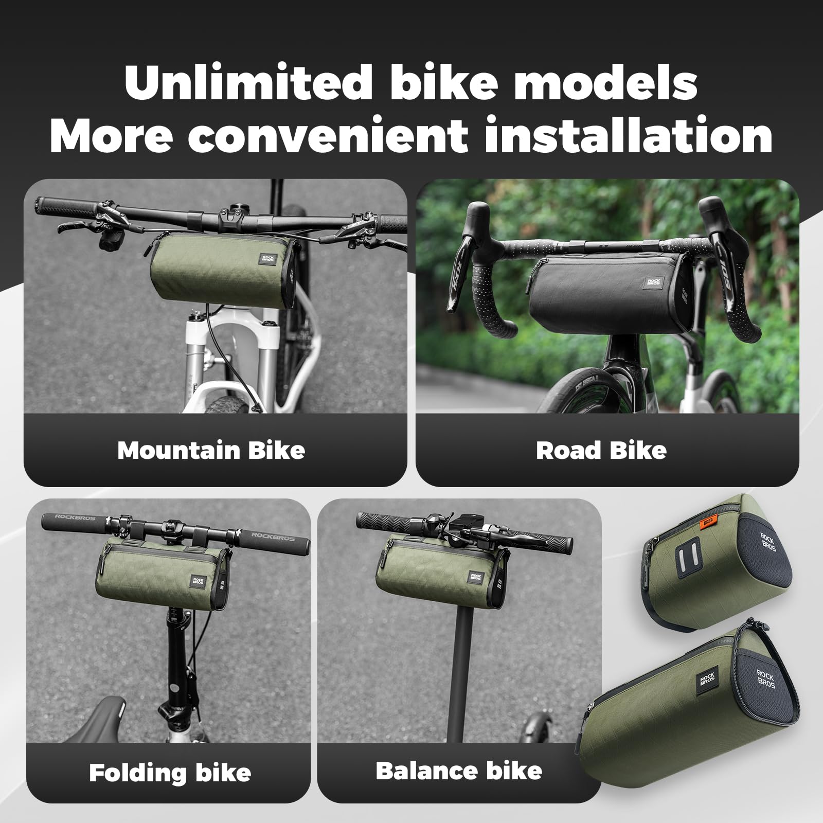ROCKBROS Borsa da Bicicletta Multifunzionale Combinata 2 in 1, Borsa da Bici per Manubrio 1,3L e Posteriore 0,7L Idrorepellente, con Tracolla per MTB, Gravel, Bici da Strada, Ebike, Verde Militare