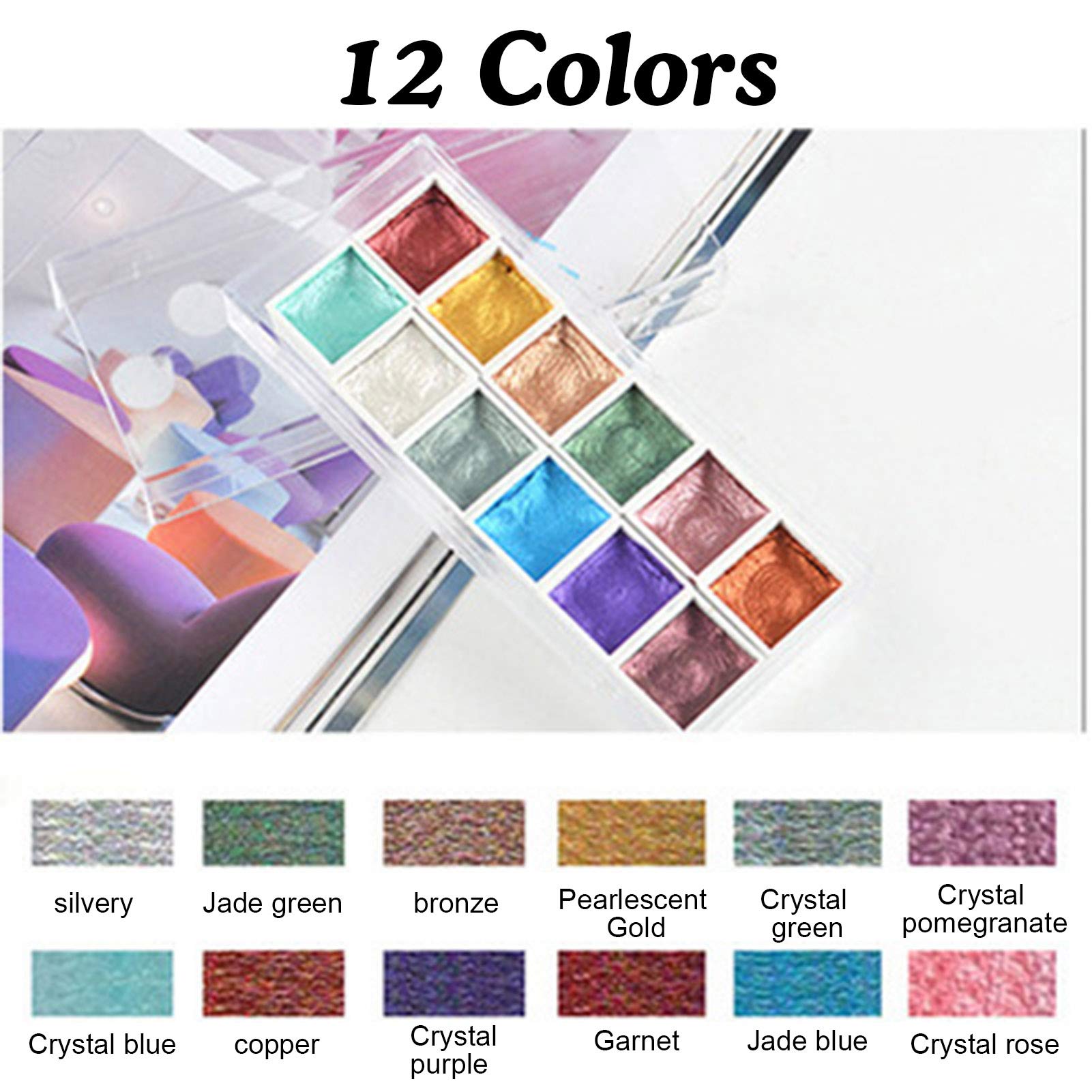 VALINK Ensemble de peinture aquarelle métallique 12/36 couleurs vives dans une boîte portable, séchage rapide, cadeau lisse pour artistes étudiants
