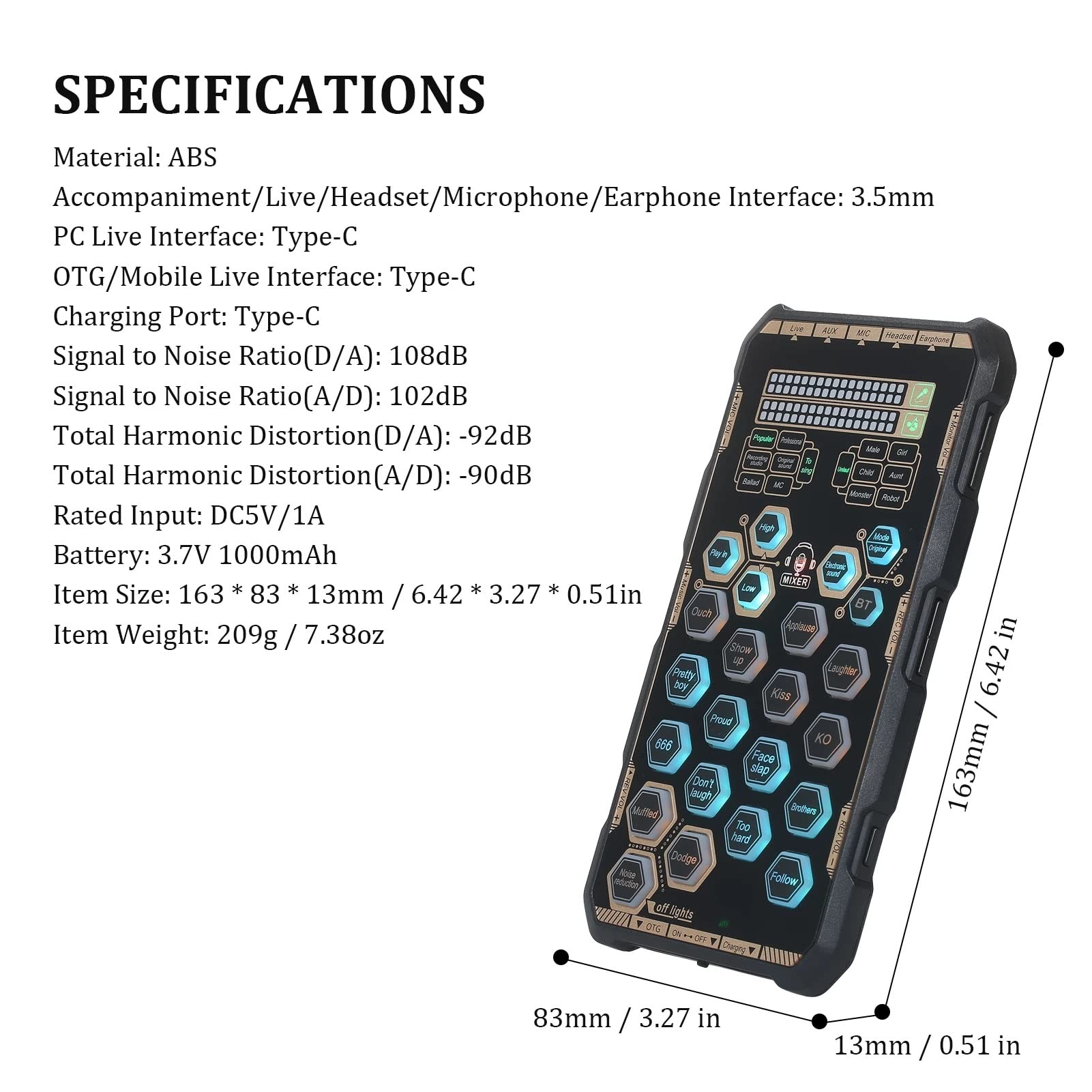 Live Soundkarte Handheld Outdoor Portable DSP Soundkarte Effektgerät Audio Mixer Voice Changer Audio Card Sound Changer (D6.10.2 cmx8.1 cmx1.3 cm)