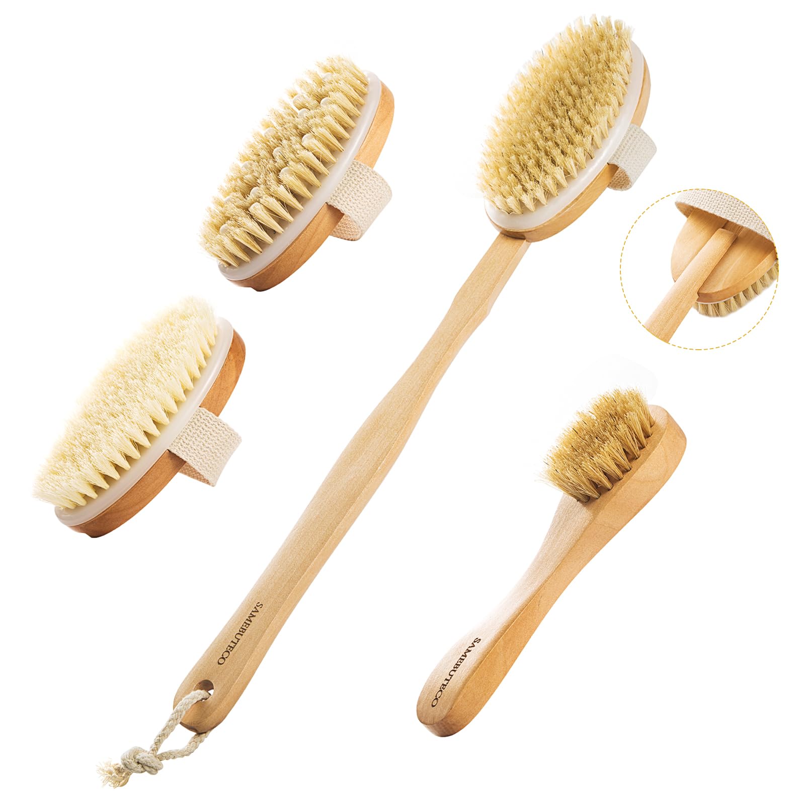 Dry Brushing Body Brush Set with Long Wooden Handle with 3 Removable Heads, Face Brush, Body Scrubber, Boar Stirle, Exfoliator for Lymphatic Drainage and Cellulite Shower Back Scrubber