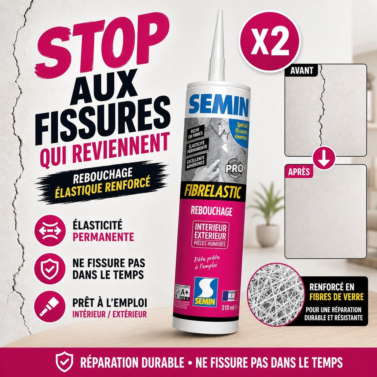 SEMIN Enduit de Rebouchage Élastique Fibrelastic 2x300 gr – Fissures Vivantes Mur & Plafond, Enduit Fibre de Verre Intérieur/Extérieur, Rebouchage Flexible Multi-Supports, Qualité Professionnelle