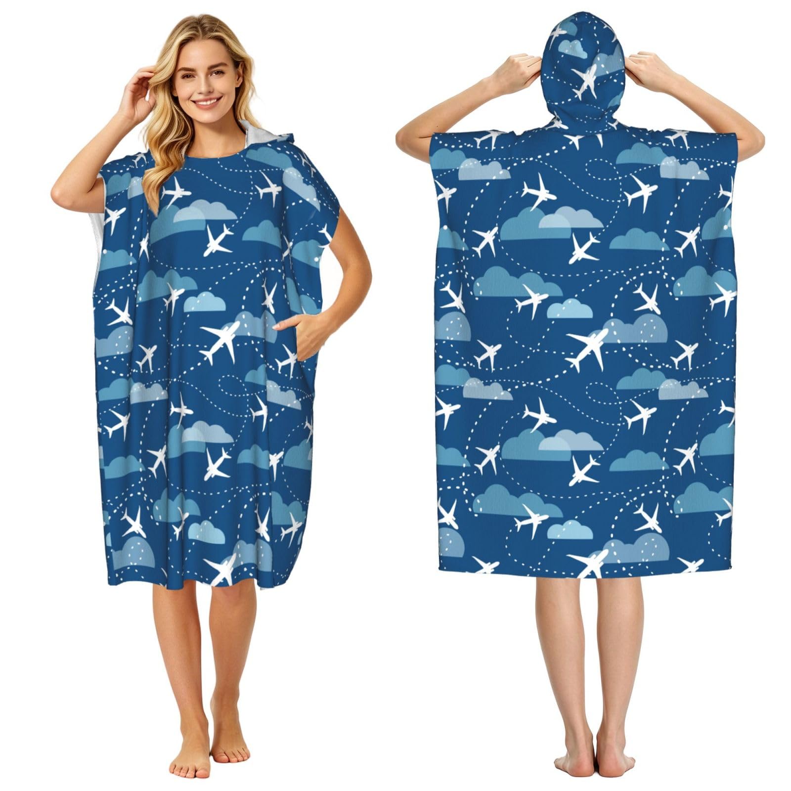 Noble Ren Airplane Aircraft Plane Pattern Adult Hooded Beach Towel Swimming Cover Outdoor Wearable Towels Bath Bathrobe Cape Quick Drying