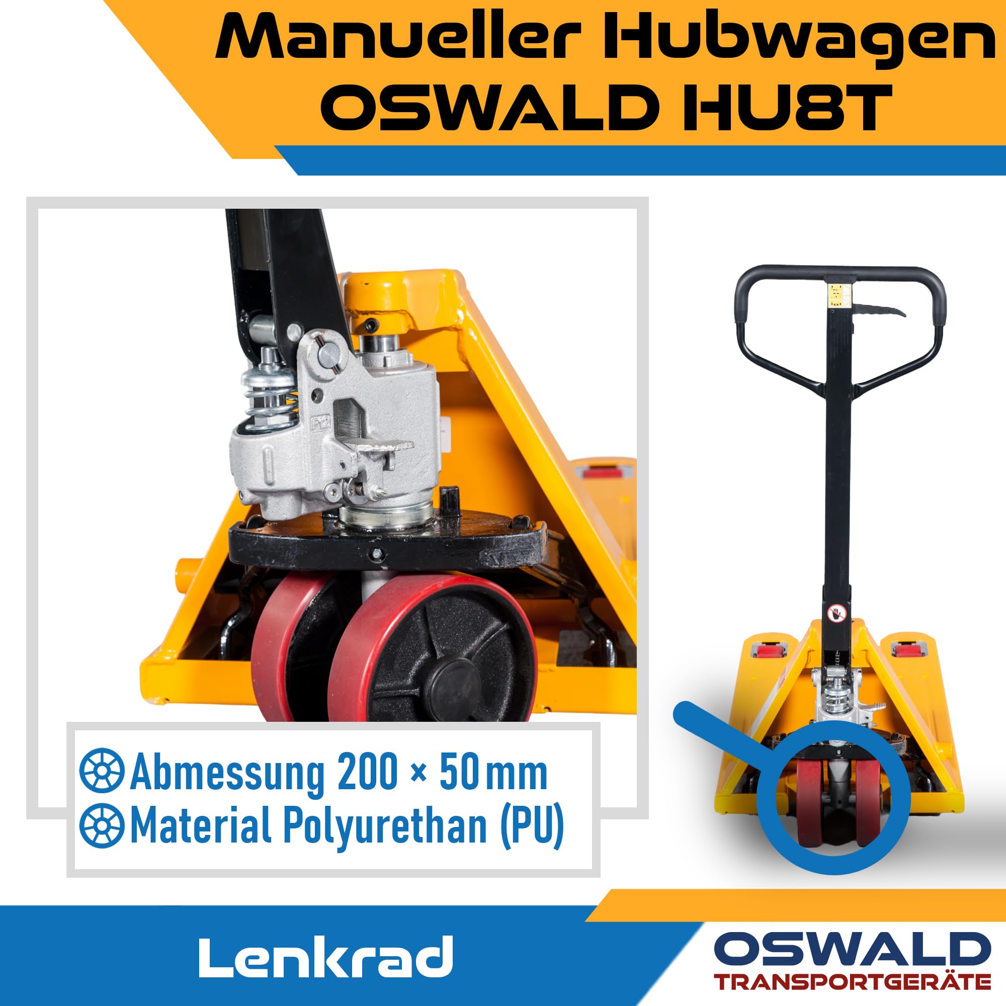 Hubwagen Oswald HU8T 2500 kg 800 mm Kurzgabel PU Tandemrollen Palettenhubwagen