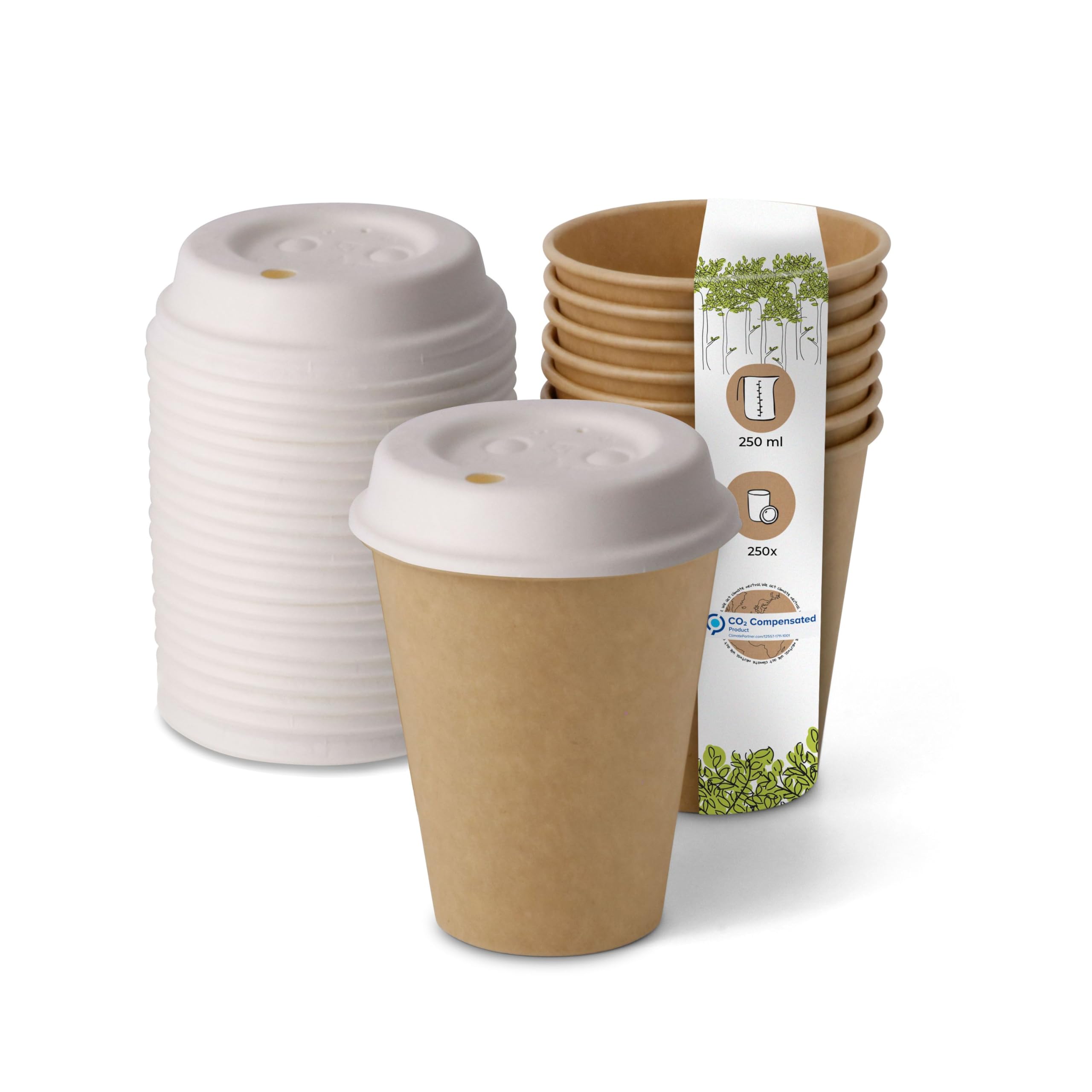 BIOZOYG Bicchieri Monouso Compostabili Bio con coperchio di carta I Bicchieri Usa e Getta Bicchieri di Carta I 250 Tazze di Cartone da Caffè da Asporto Marrone non Sbiancate 250 ml 10 oz